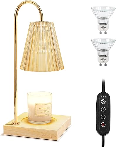 LOTKEY Lámpara calentadora de velas, calentador de velas regulable con temporizador, 2 bombillas, base de madera, lámpara eléctrica de vela