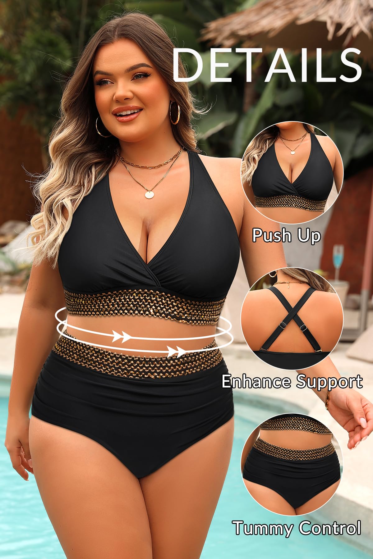 Yonique Damen-Bikini, Übergröße, hohe Taille, Bademode, Bauchkontrolle, Zweiteilige Badeanzüge