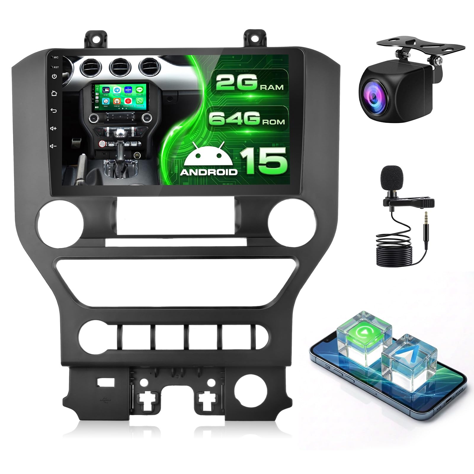 [Fit J-B-L] 2+64G Radio for Ford Mustang 2015-2020 Android Car Stereo Wireless Carplay, 9 inch Touch Screen for Mustang, Bluetooth, 5GHz WiFi, GPS