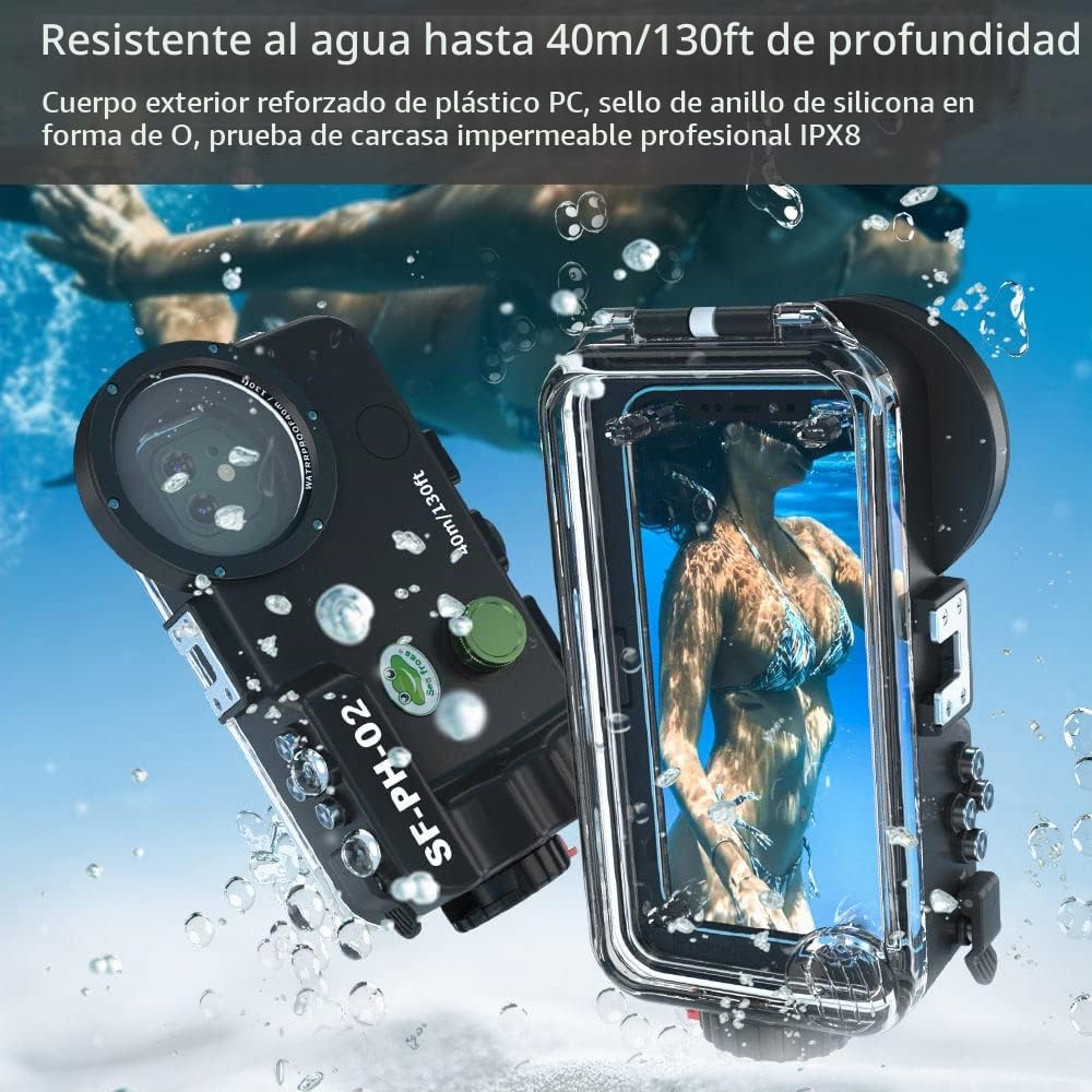iPhone 13 12 11 Pro MAX Funda Impermeable Negra, 195ft/60m Profundidad Sellado Completo A Prueba de Golpes, Nieve, Polvo, Agua Certificado IPX8 Buceo Natación Surf Snorkel Funda