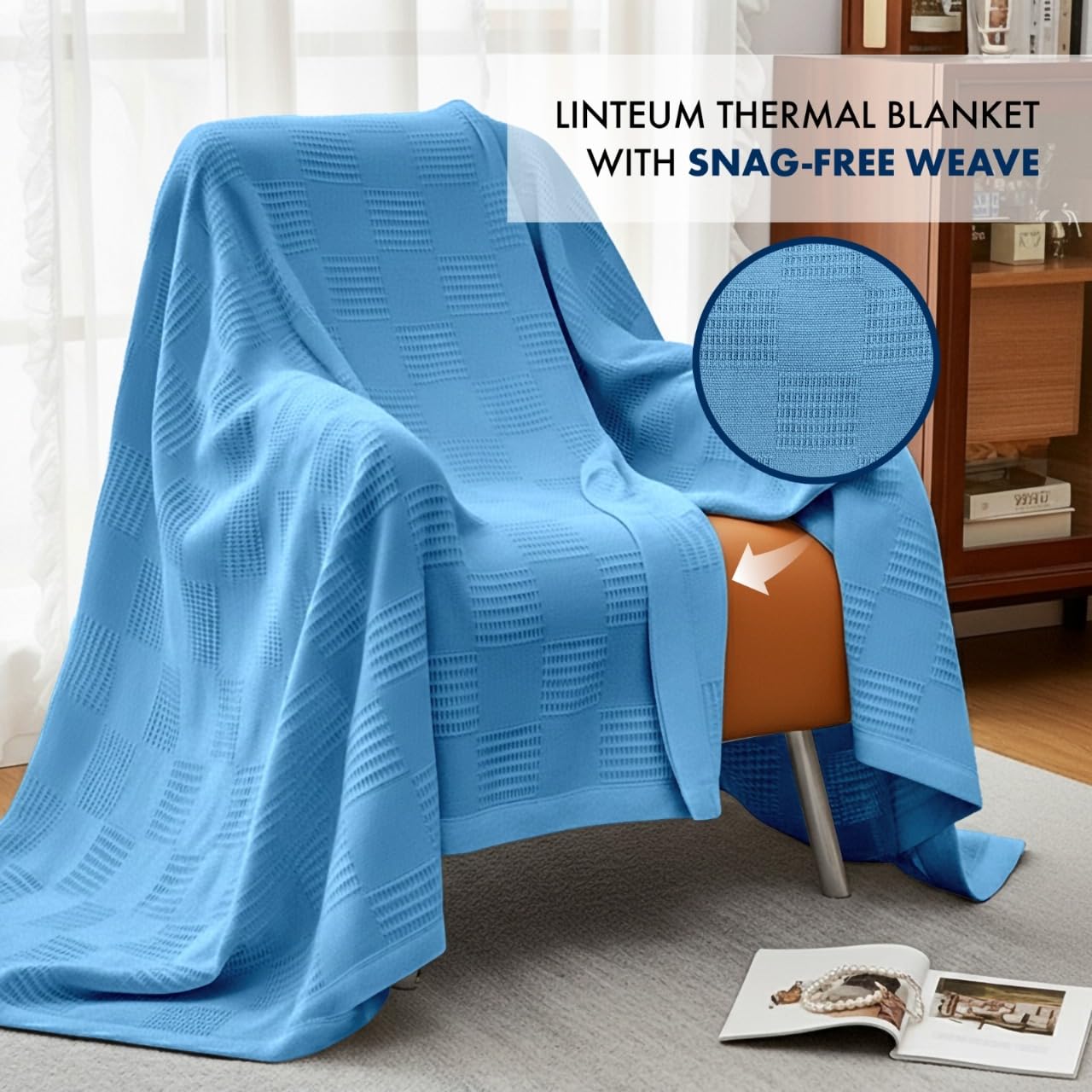 Linteum Textile Supply Thermodecke (Blau, Doppelbett), langlebige und strapazierfähige Decke ohne Haken, aus 100 % Baumwollmaterial für Zuhause, 168 x 228 cm
