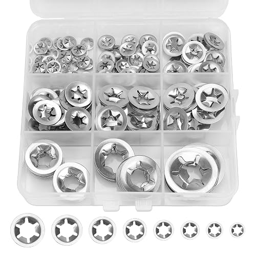 258PCS UIETUIL 8 Sizes Internal Tooth Star Lock Washers Kit, M2.5-12 304SS | M2.5 M3 M4 M5 M6 M8 M10 M12 Quick Speed Push Lock Nuts Retaining Clips, 304 Stainless Steel