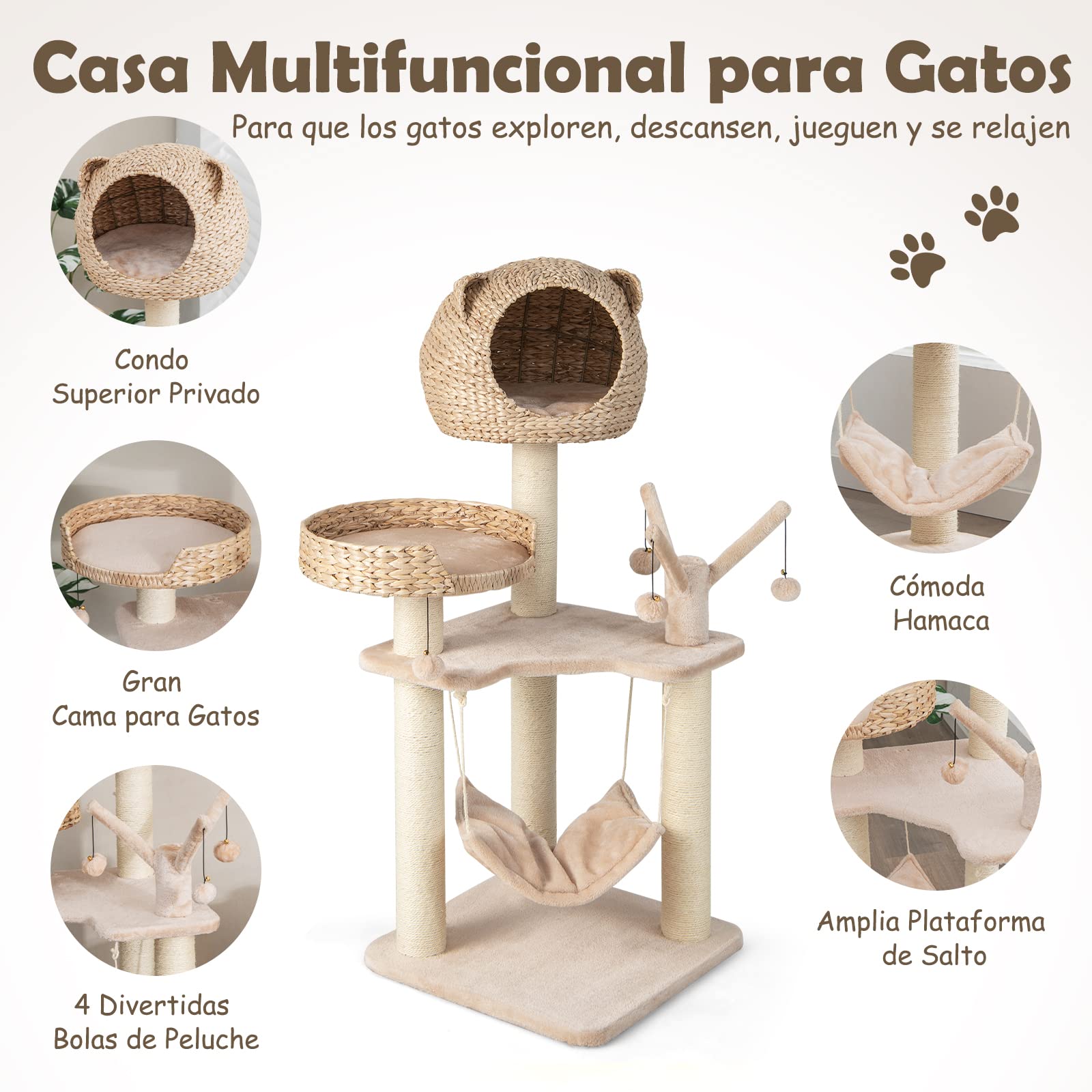 COSTWAY Torre Rascador para Gatos de 121 cm, Centro de Actividades para Gatitos con Condo, Cama, Hamaca, Bolas Colgantes, Postes para Rascar de Sisal, Cojines Suaves, Árbol Rascador Gatos, Beige