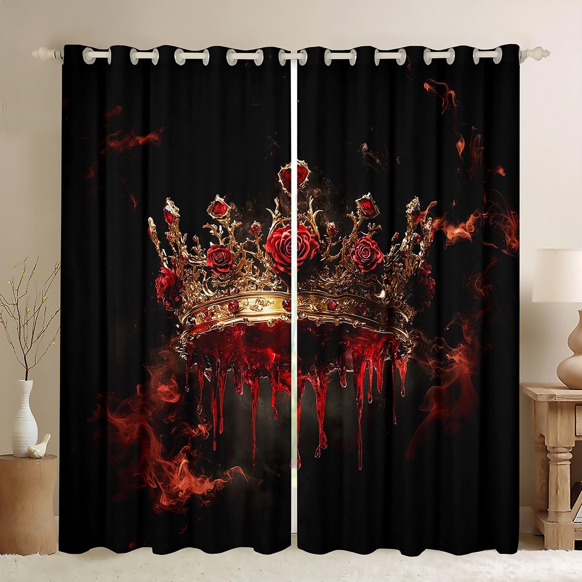 Manfei Golden Crown Kids Window Curtains,Rose Flowers Smoke Gothic Romantic Window Drapes for Girls Boys,Blood Western Halloween Red Black Retro Window Treatments Grommet Top 2 Panel Set,52Wx96L inch