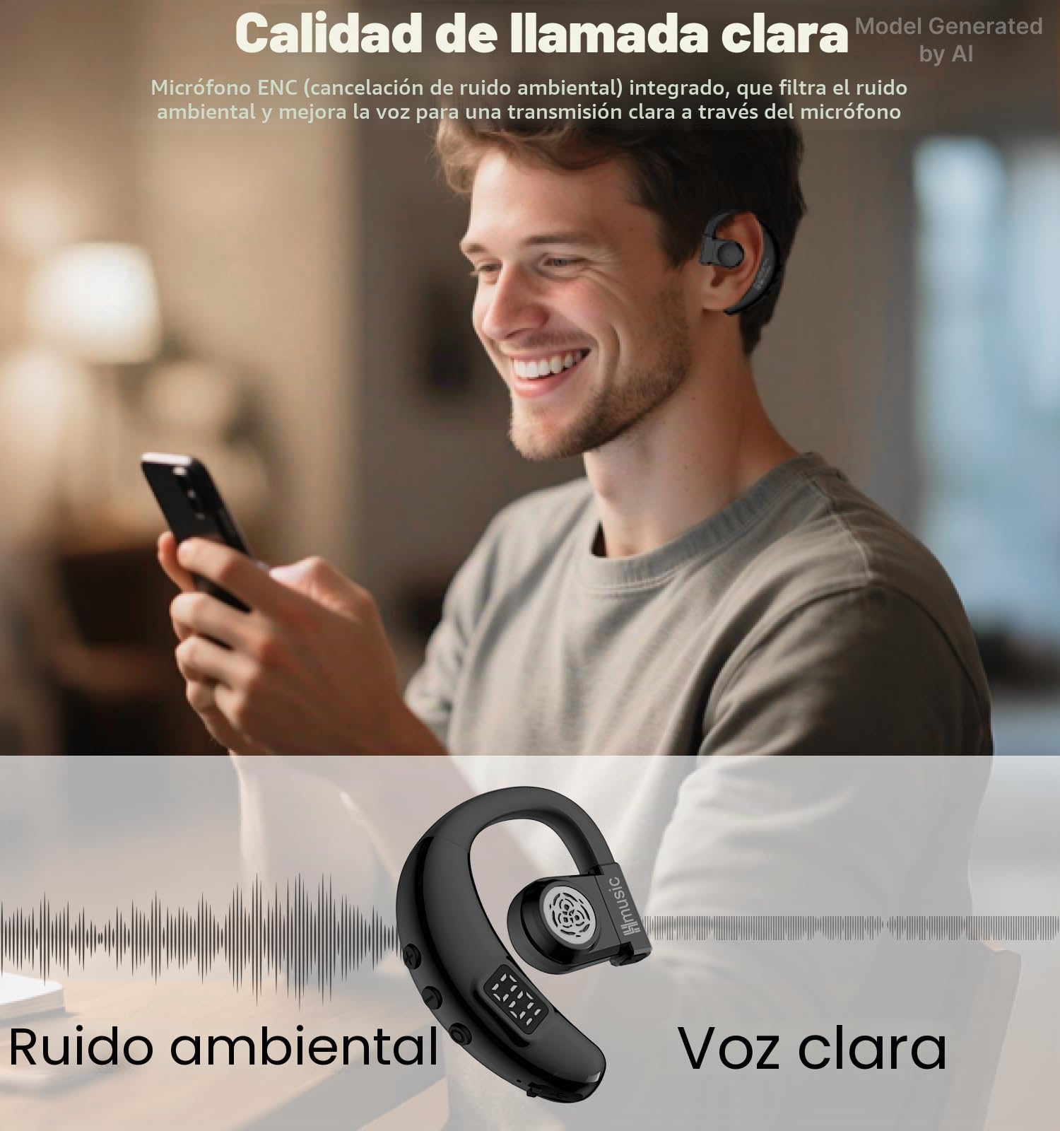 Hmusic Auriculares Bluetooth, V5.4 Auriculares inalámbricos, para Uso Izquierdo y Derecho, 20 Horas de reproducción Auricular con micrófono ENC para Conducir, amioneros, Negocios, Oficina -Negro