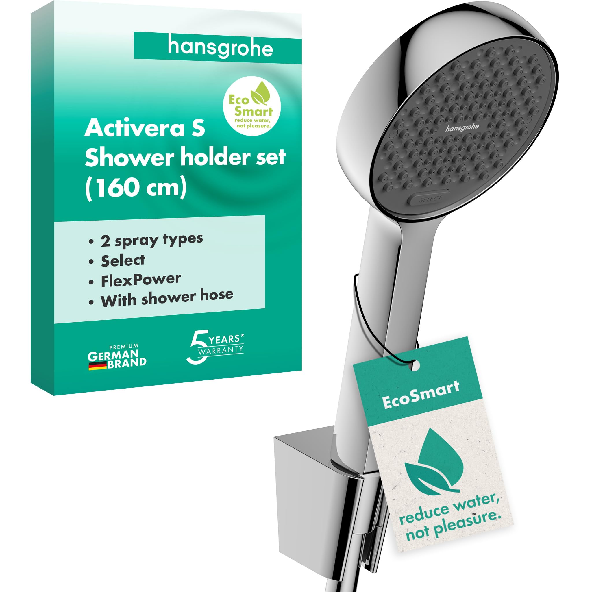 hansgrohe Activera Select S - conjunto de ducha con alcachofa de ducha ahorro de agua (EcoSmart, 2 tipos de chorro), flexo de ducha (1,60 m) y soporte de ducha, cromo, 28054000