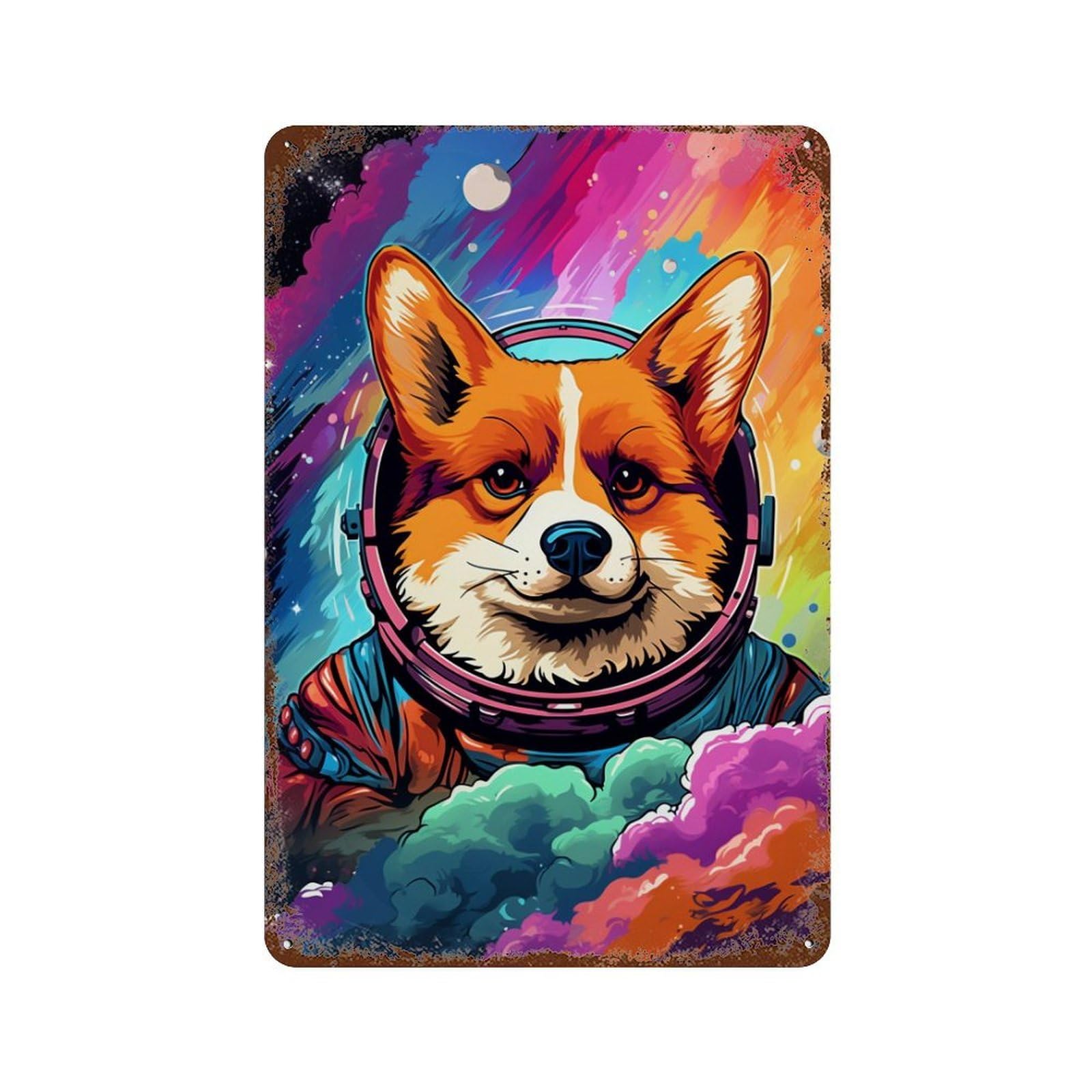 Rust Effect Corgi Astronaut in Space -23 Distressed Metal Wall Sign 11.8"x7.9", Farmhouse Wall Decor for Office, Studio And Wall Decor