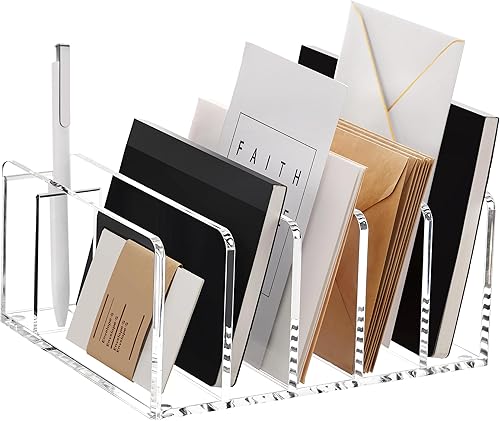 Vista 11 de SANRUI Organizador de correo acrílico para escritorio, soporte vertical para cartas, estantería transparente, 2 ranuras, clasificador de archivos