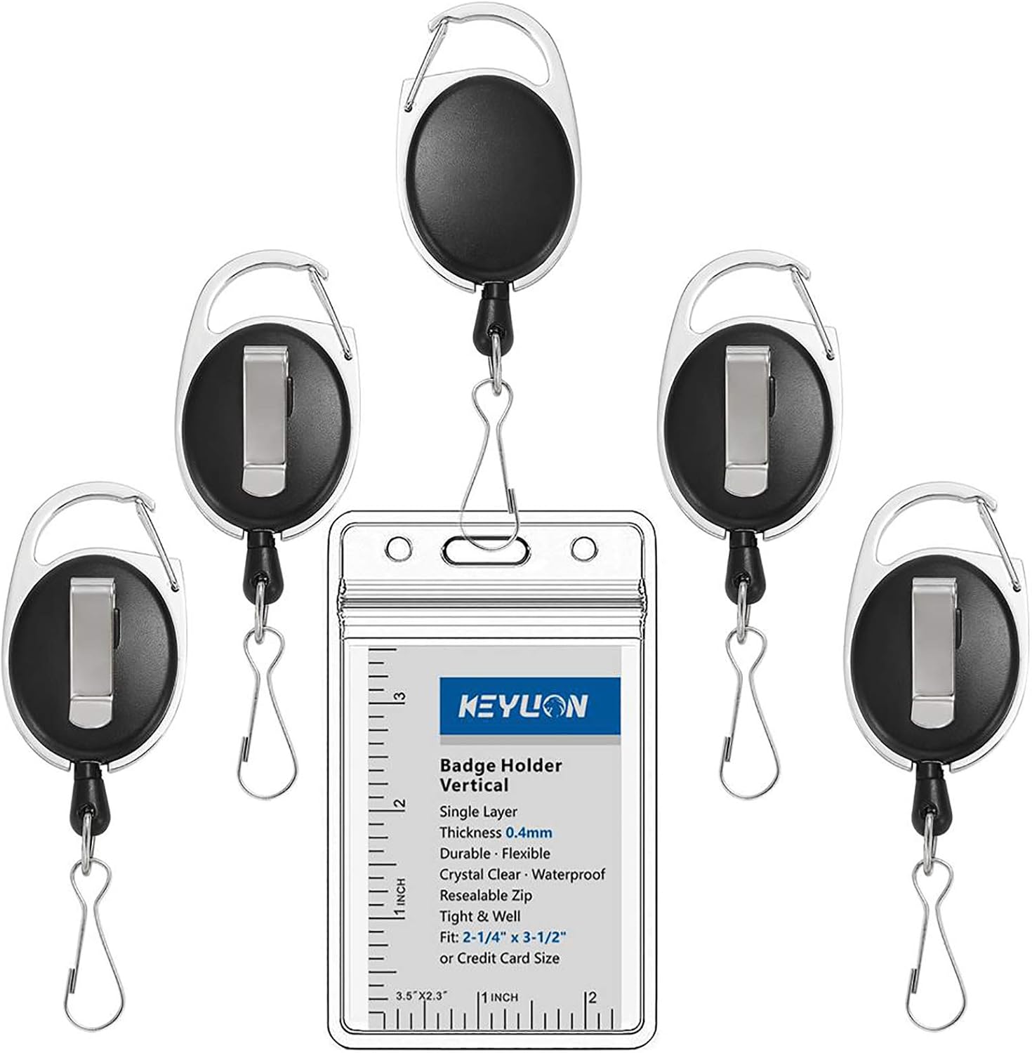 KEYLION 5 Sets Retractable Badge Holder Carabiner Reel Metal Swivel J-Hook on Heavy Duty Clear Plastic Vertical ID Card Holder with Waterproof Type Resealable Zip