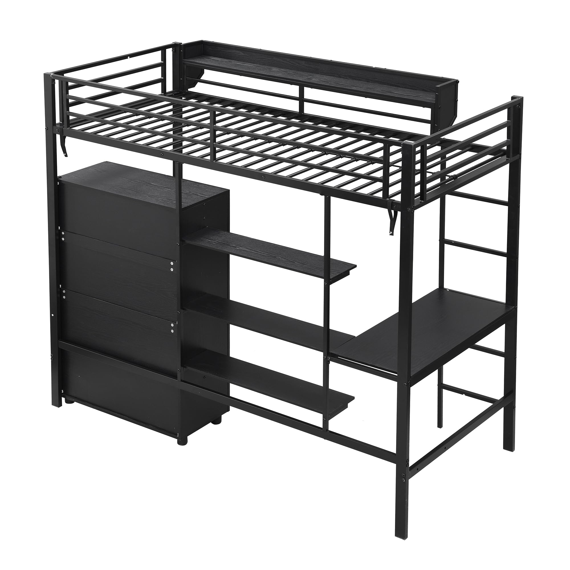 Merax Letto a soppalco 90 x 200 cm con scrivania, armadio e scaffalatura, robusto letto a castello in metallo con rete a doghe e protezione dalle cadute, salvaspazio, letto a castello, letto a