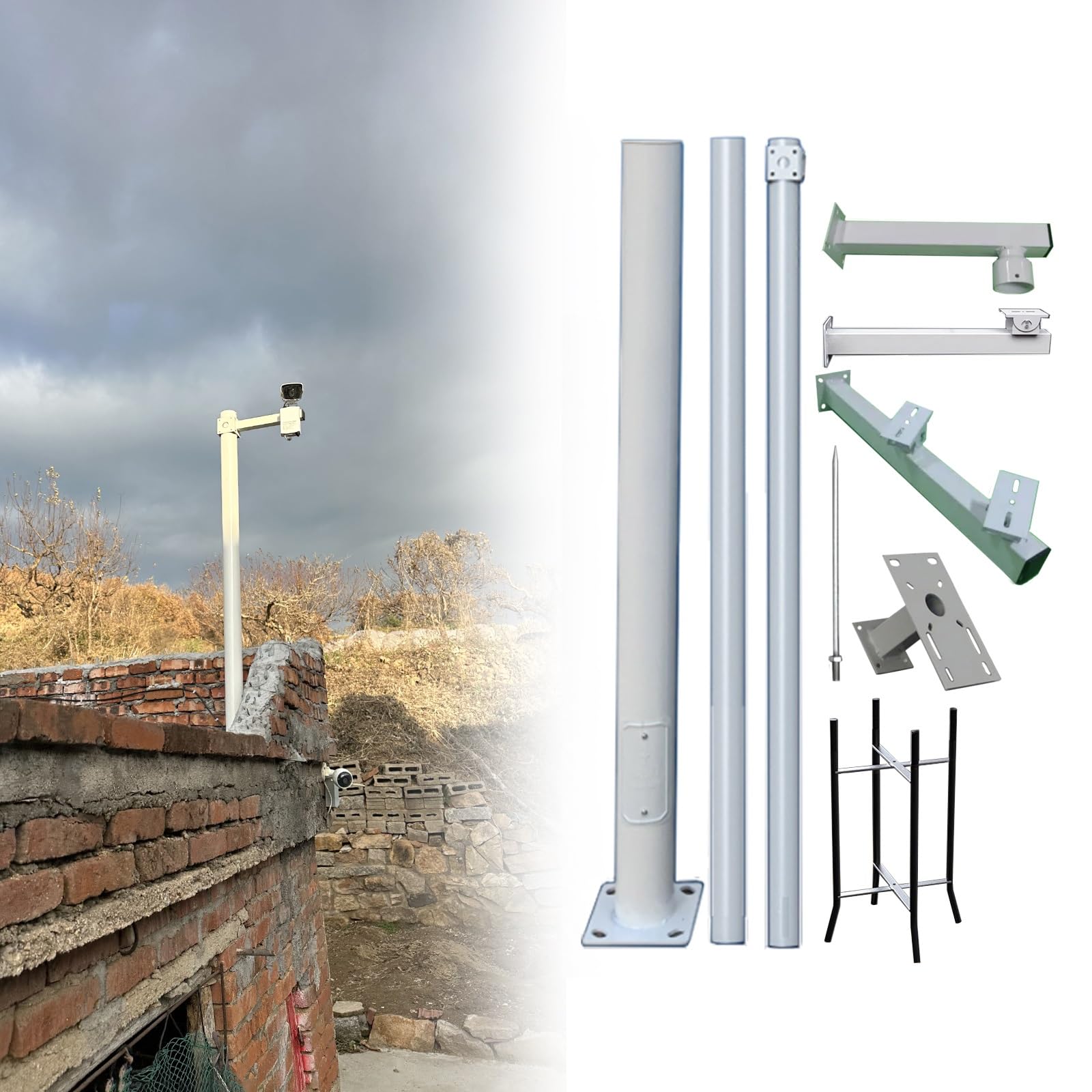 MRVAKDYDI Weatherproof Steel Surveillance Post, Galvanized Steel Surveillance Pole With Brackets And Ground Cage, White, 8.2-19.6ft(H 550cm/18ft(3 Sections))