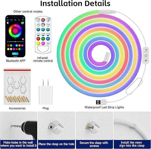 Miniatura 6 de Cuerda de luces LED, tira de luces LED de neón de 9.84 pies con luminosa de 360 grados, USB de 5 V, flexible, IP67, impermeable, sincronización de