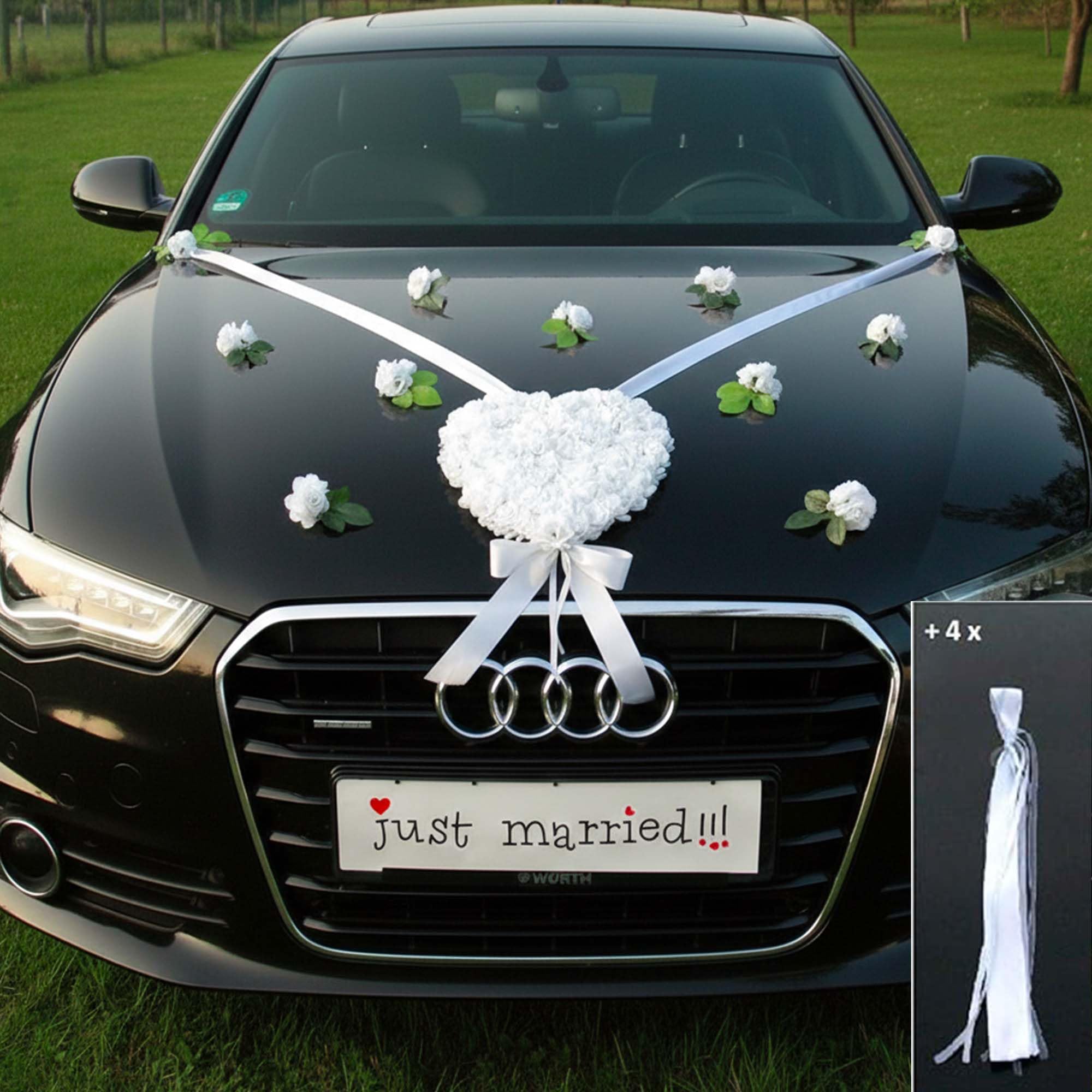 LIEBESHERZEN Braut Paar Rose Deko Dekoration Autoschmuck Hochzeit Car Auto Wedding Deko Girlande PKW ®Auto-schmuck (reinweiß 2)