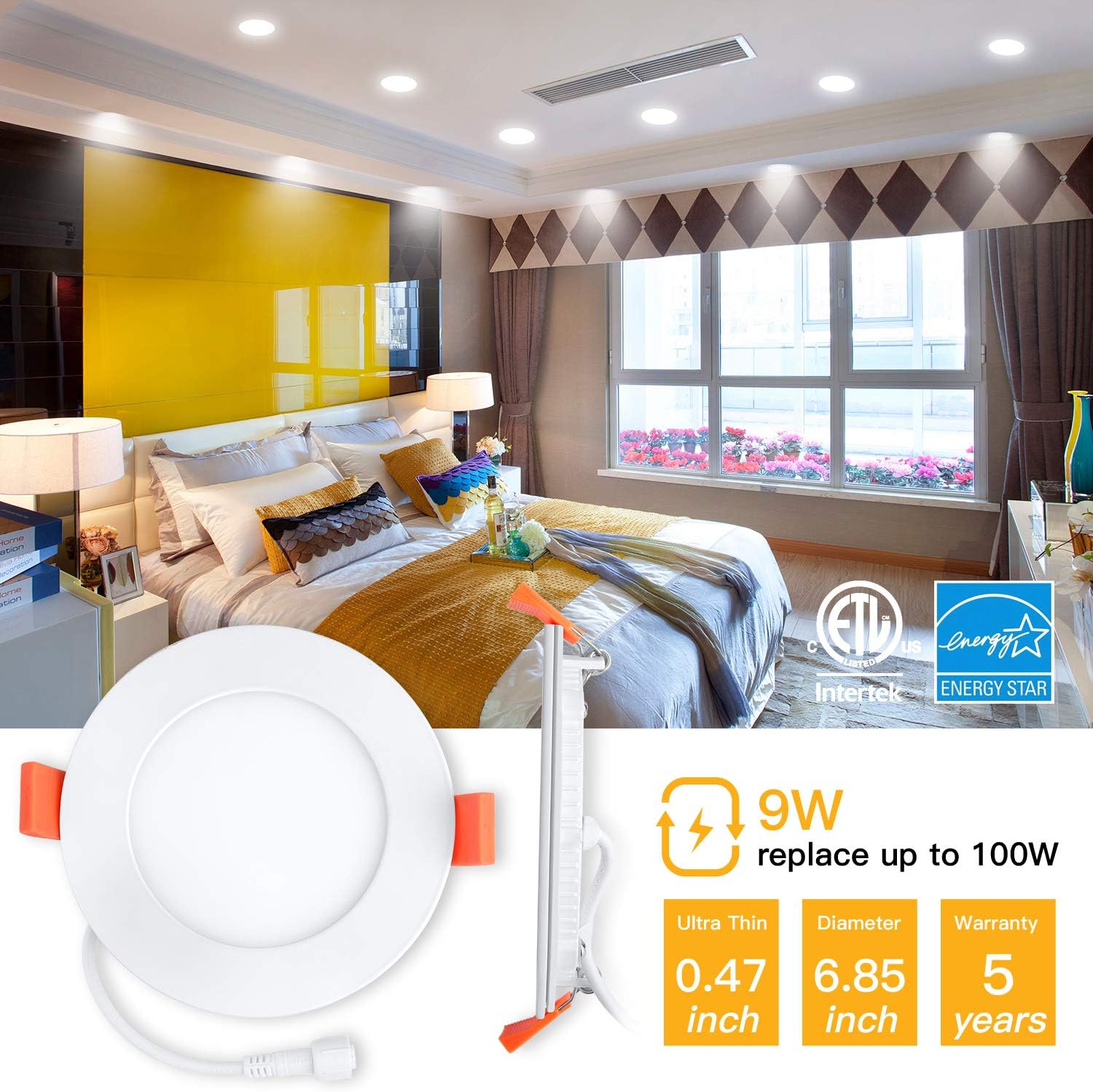 Buу 1 gеt 1 4 Inch Ultra-Thin Recessed Ceiling Light Slim LED Recessed Lighting with Junction Box, 5 CCT 2700K, 3000K, 4000K, 5000K, 6000K, Dimmable Wafer Down Light, 9W Max 10W, CRI 90+ 800lm 100W Eqv. ETL & UL
