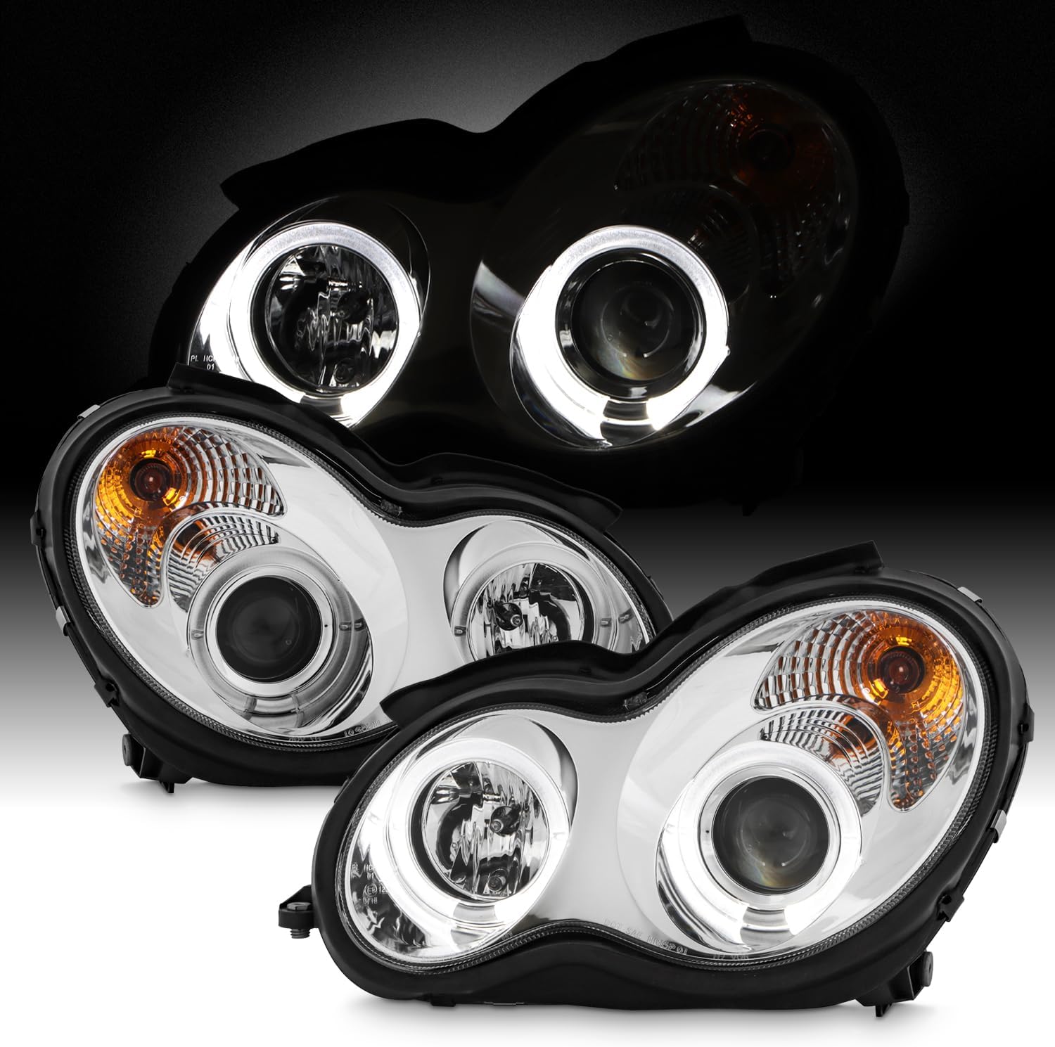 AKKON - For 2001-2007 Benz W203 C-Class 4Doors Sedan Wagon Chrome Clear LED [Dual Projector] Projector Headlights LH+RH
