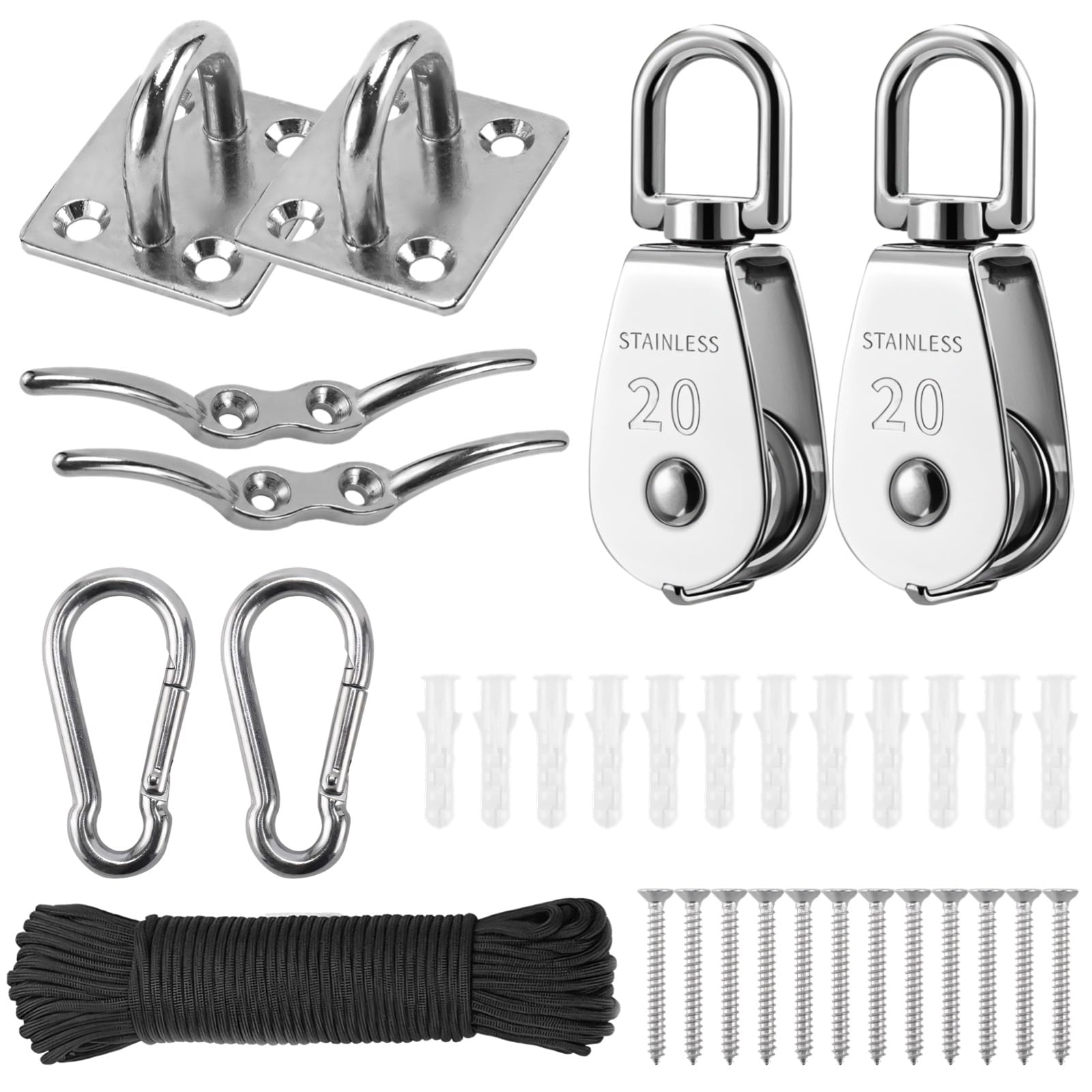 Flaschenzug-Set mit 2 Einfachrollenblöcken, Edelstahl Seilrollen 20 mm, robuste Montageplatten, Karabiner und 50 ft Seil, Hebesystem für Flaggenmast, für Montage, Lager und Werkstatt
