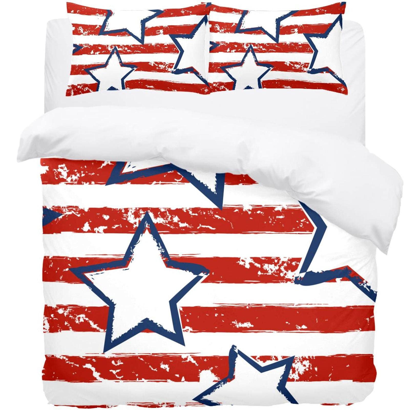 Parure de lit USA Independence Day 3 pièces avec housse de couette et taies d'oreiller blanc rouge
