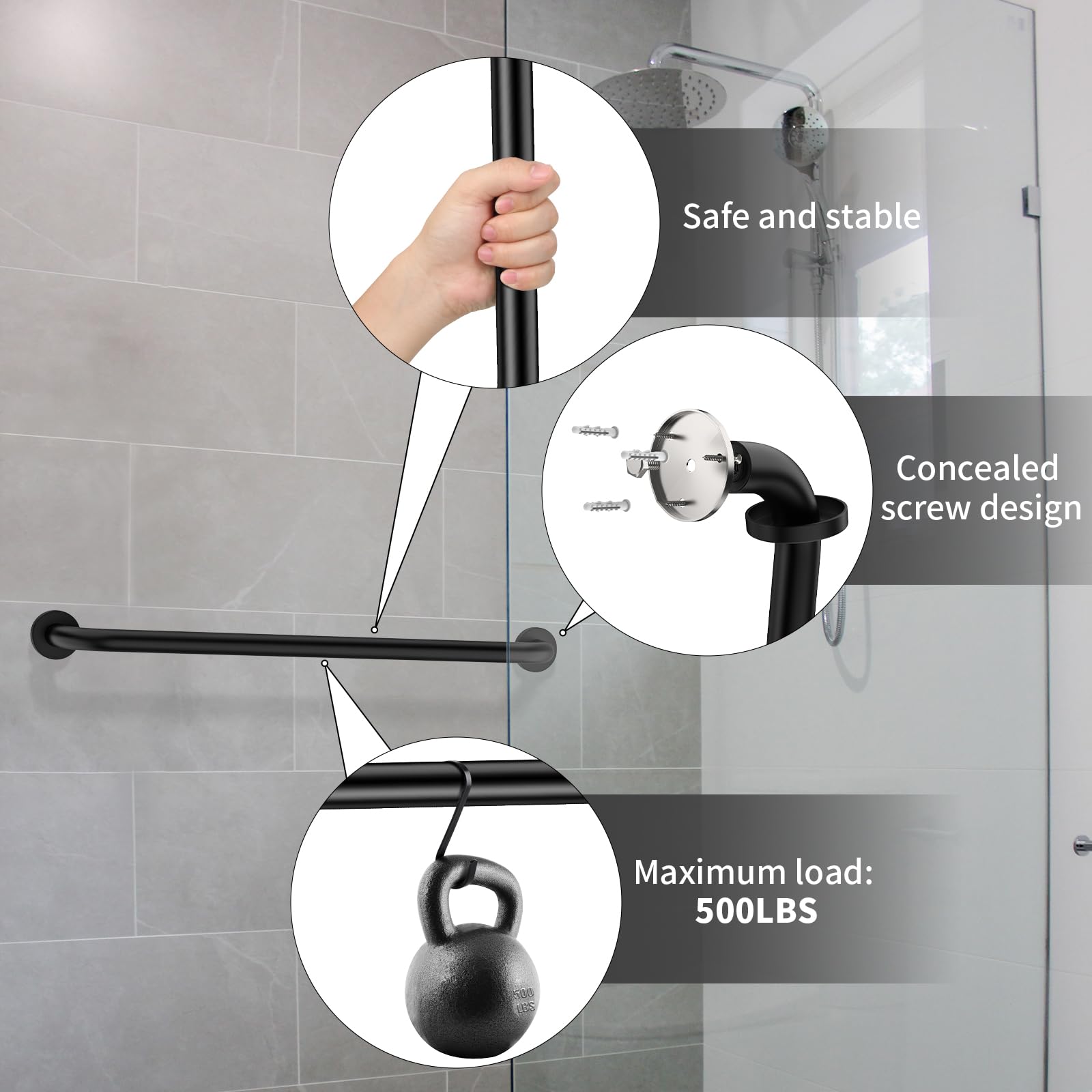 Zuext - Barra di sostegno per doccia, in acciaio inox, per vasca da bagno, con maniglia, per bilanciamento della doccia, supporto di sicurezza per mano/mano/mano/disabili anziani (3,2 cm di diametro)