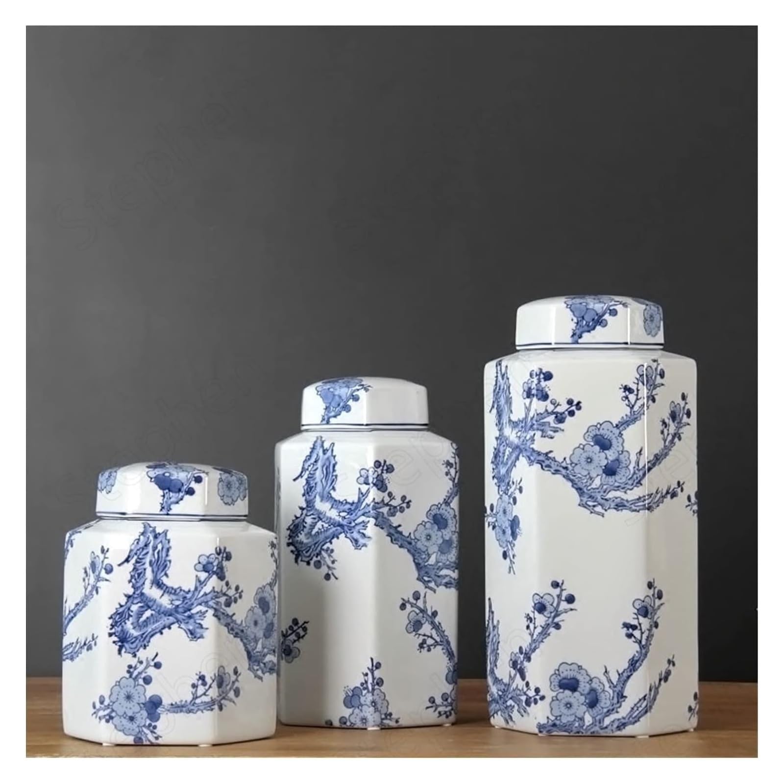 Jarrón de cerámica tetragonal Pintado, jarrón Chino de Porcelana Azul y Blanca con Relieve de Flor de Ciruelo, jarrones Altos de Suelo para Sala de Estar.