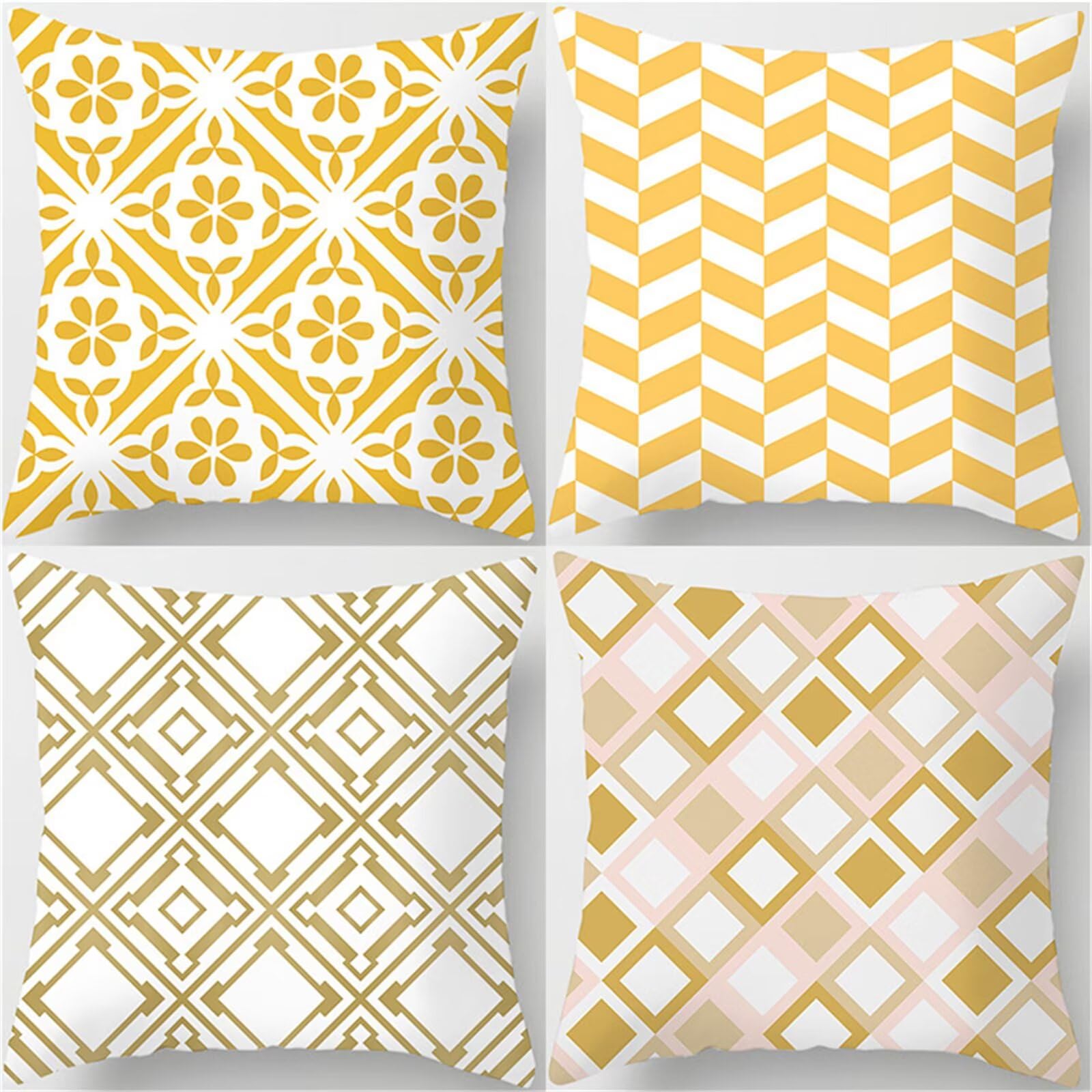 Juego de 4 Impermeable Funda de Cojín Geometría amarilla,65x65cm Moderno Suave Transpirables Lino Fundas de Almohada Cojines Decorativos con Cremallera Oculta para Exterior Sofá Cama Coche Hogar