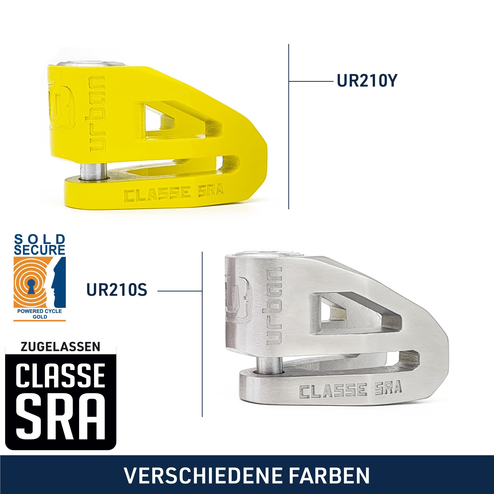 Urban UR210Y Motorradschloss Bremsscheibenschloss, CLASSE SRA-Zugelassen, Gelb Doppelverriegelung Schließbolzen Ø10 + Erinnerungskabel 140cm