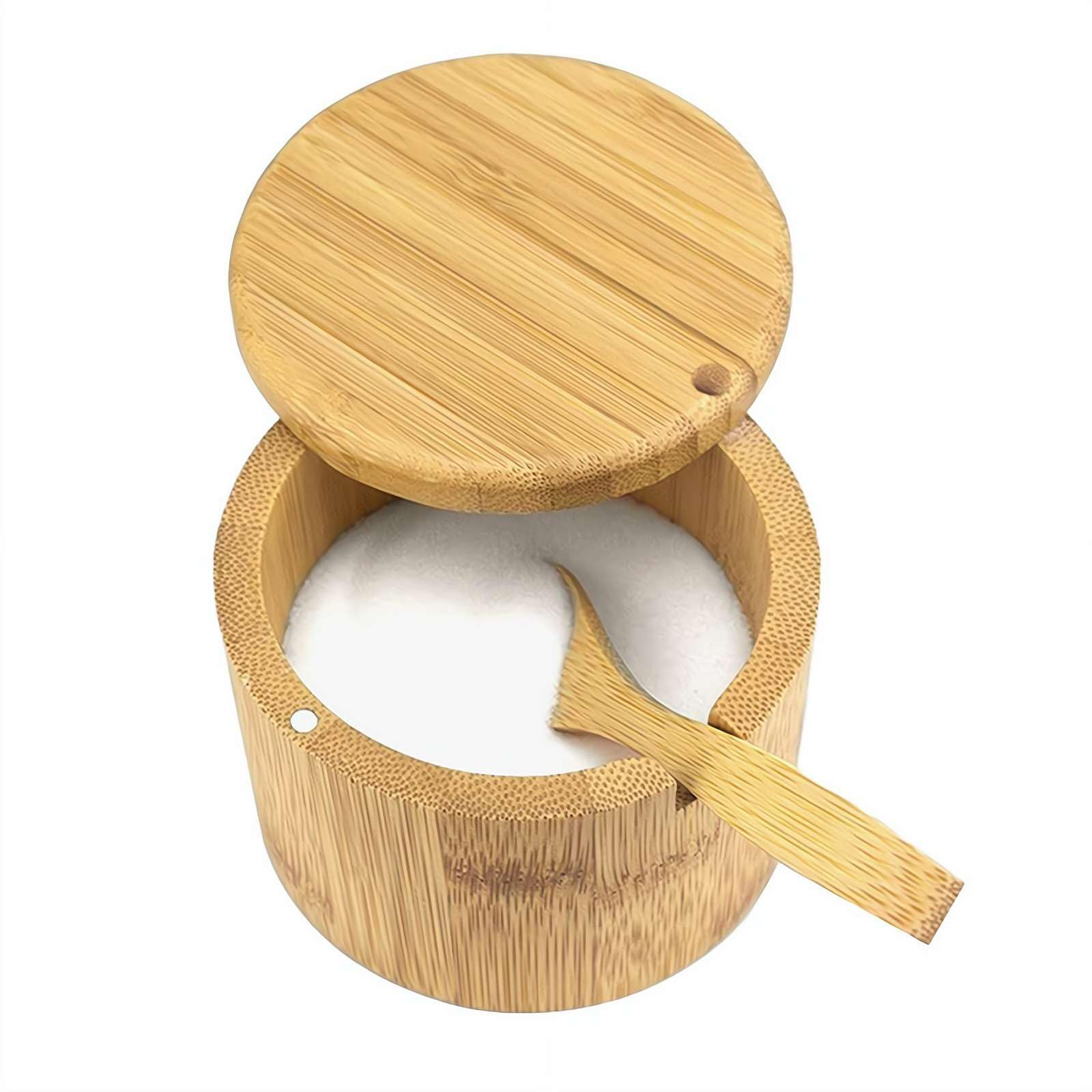 2 Stück Holz Salz- & Gewürzboxen Mit Magnetischem Deckel – 7x9 Cm, Inkl. Löffel, Seitenrillen-Design