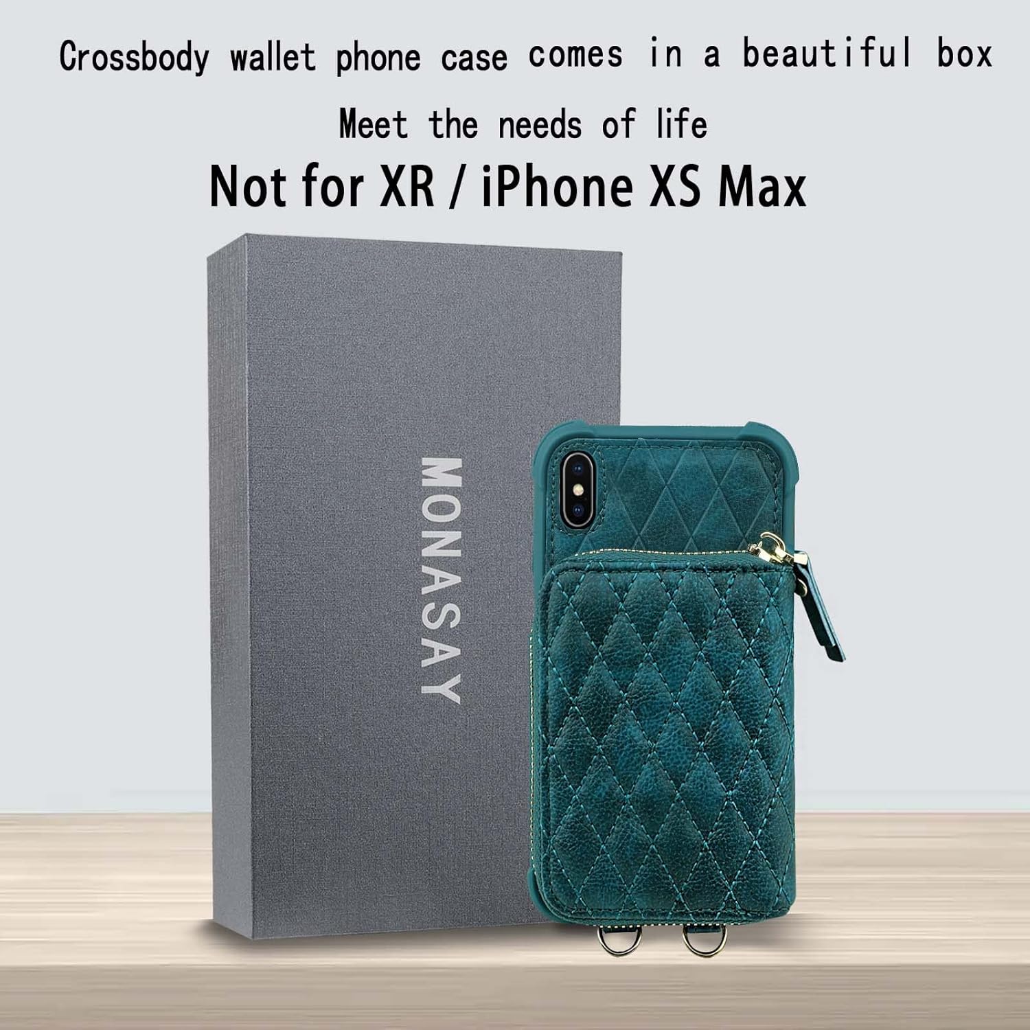 MONASAY Zipper Wallet Case Fit for iPhone X/XS,[Glass Screen Protector ][RFID Blocking] Flip Leather Handbag Phone Cover with Card Holder and Detachable Crossbody Shoulder Lanyard Strap, Dark Green