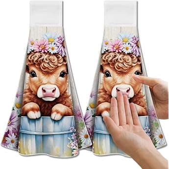 CUTHOLLOW Highland Cow and Daisy Hanging Kitchen Towels Set of 2