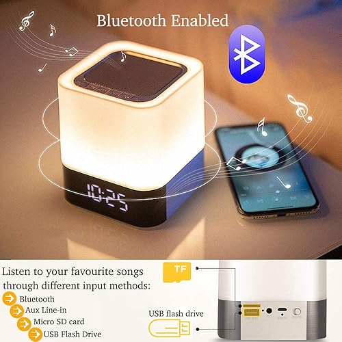 Miniatura 3 de Altavoz Bluetooth con luces nocturnas, reloj despertador inalámbrico Bluetooth, lámpara de noche con sensor táctil, luces nocturnas que cambian de