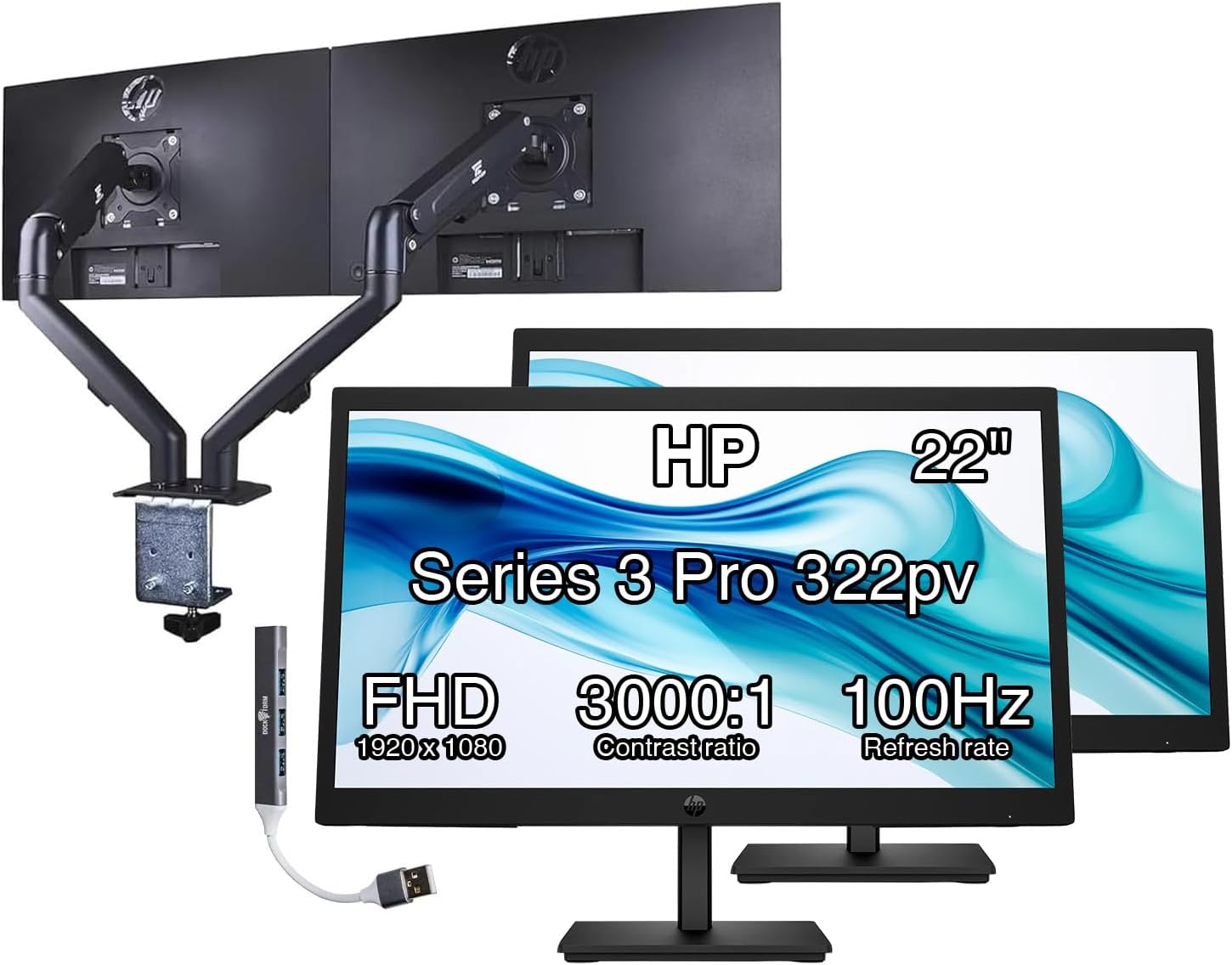 HP 22" Series 3 Pro 322pv FHD VA Monitor with 5 ms Response Time, Anti-Glare, Flicker Free, VESA Mount (100x100mm), HDMI, VGA with DKZ Hub, Black (9U5A2AA#ABA) & ErgoFlexy Dual Monitor Mount (2 Pack)