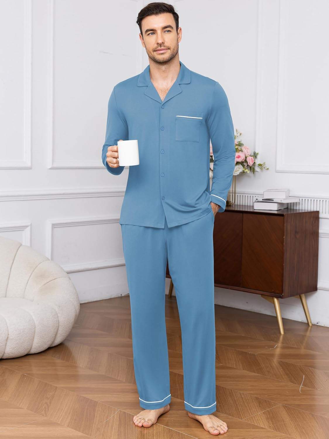 NITAGUT Men's Pajama Set Long Sleeve Button Down 2 Piece Loungewear Pjs