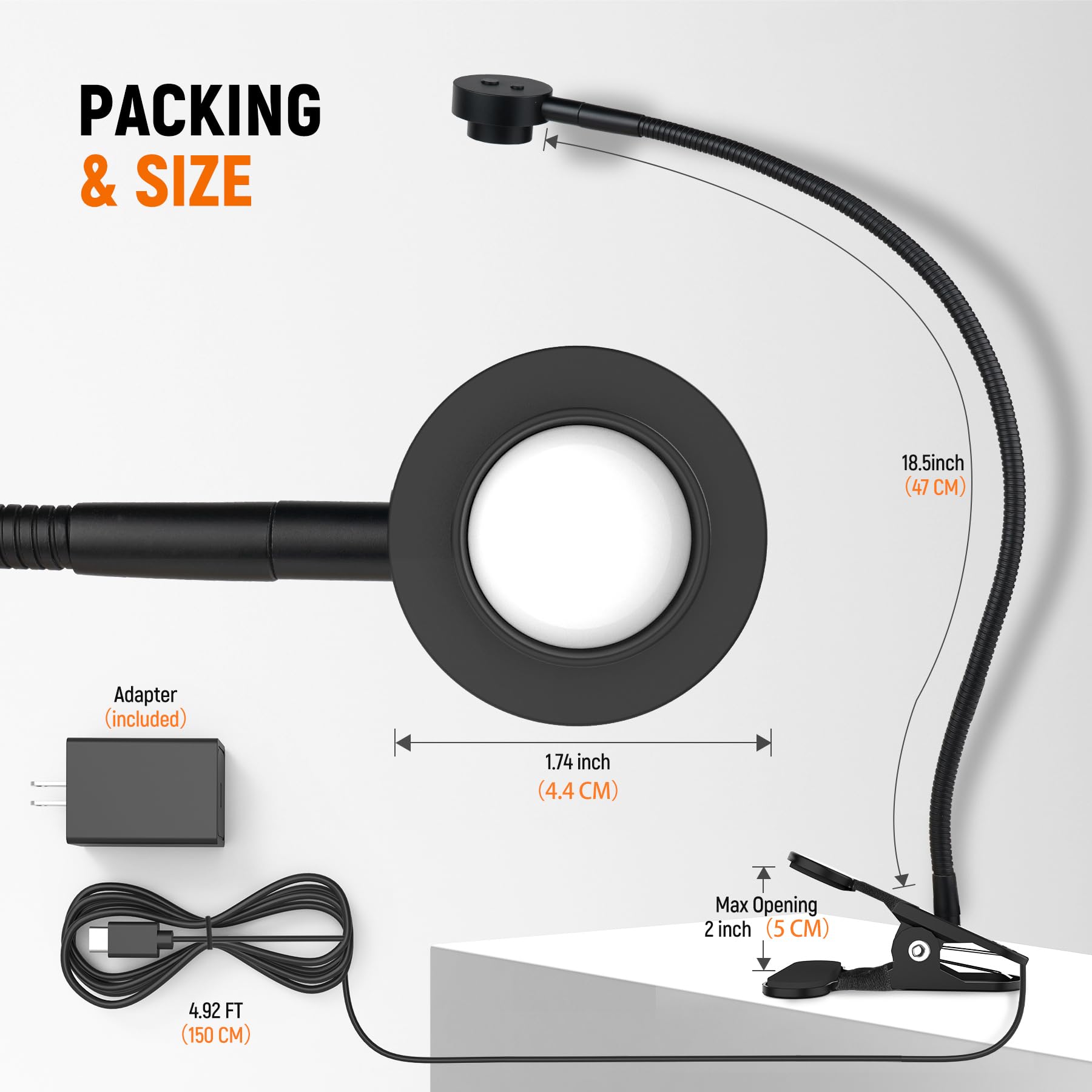Flexible Leselampe zum Anklippen für Bett | 3 Farben dimmbar, biegbar, komplett aus Metall, CRI 95 LED, Kopfschalter, Adapter im Lieferumfang enthalten