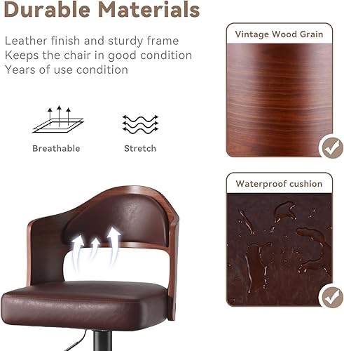 Miniatura 5 de Nalupatio Juego de 1 taburete giratorio de bar con altura ajustable de 24.5 a 33.5 pulgadas, taburetes de madera tapizados de piel sintética con