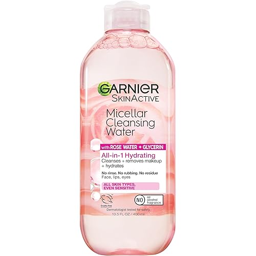 Garnier Micellar Water with Rose Water and Glycerin, Hydrating Facial Cleanser & Makeup Remover, For All Skin Types, Vegan, Cruelty Free, 13.5 Fl Oz (400mL), 1 Count