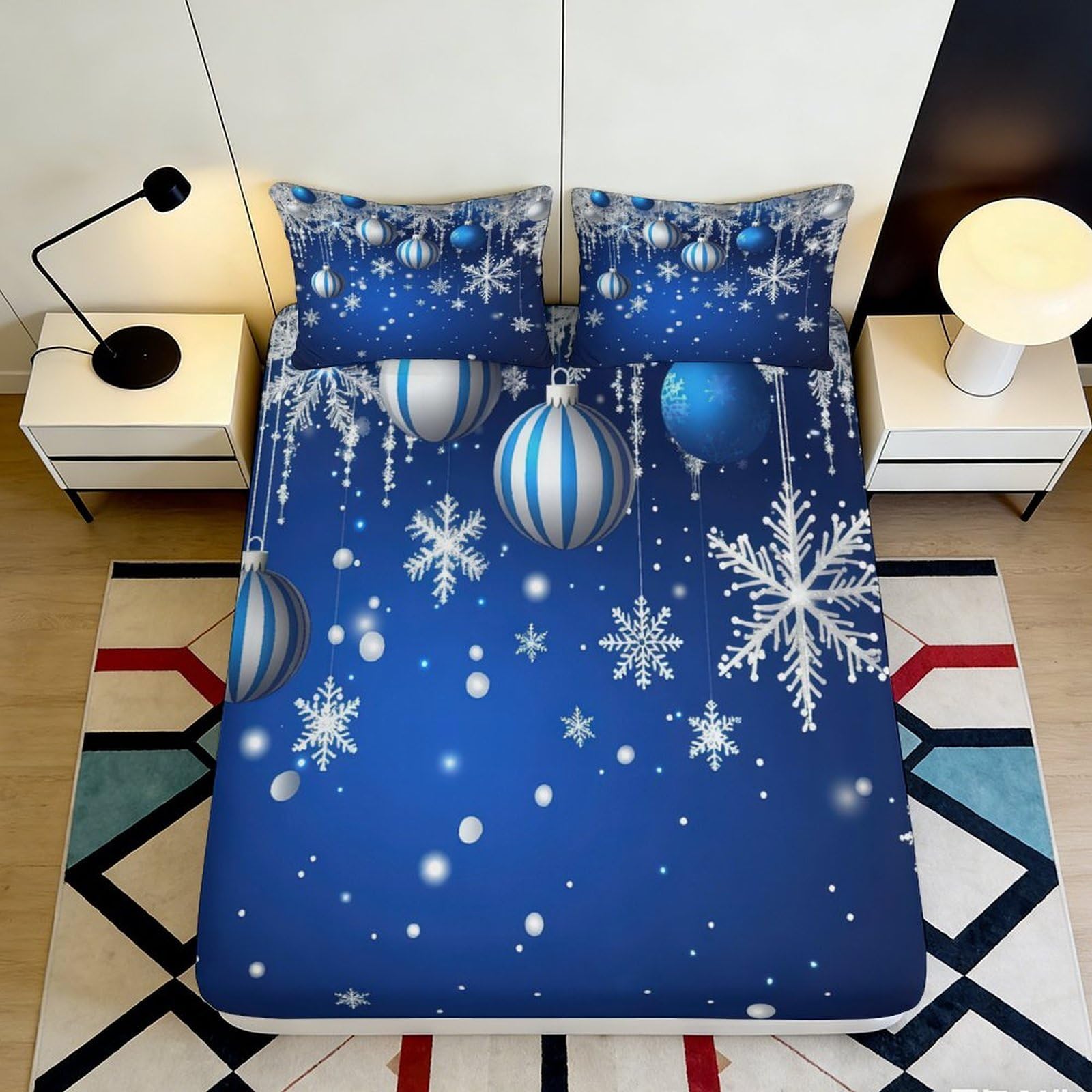 Pnayamiorkfel Style-3 3D Printed Blue Christmas Baubles Fitted Sheet Microfiber Soft Snowflake Bed Cover For Bedroom Guest Room Decor 90X200x25cm