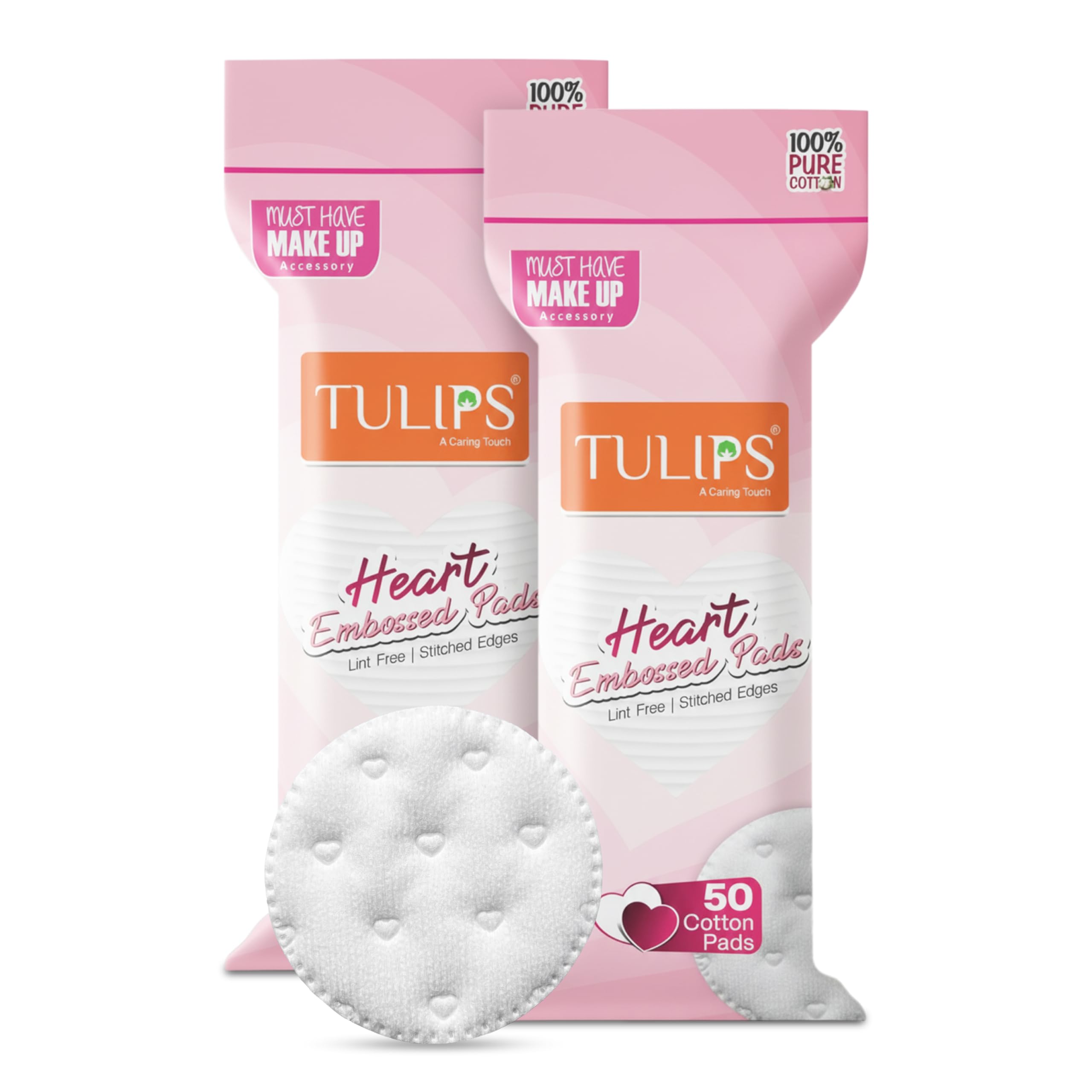 Tulips Heart Embossed Cotton Pad I Lint Free I Stirched Edges I 50 Cotton Pads in a Ziplock Bag (Pack of 2)