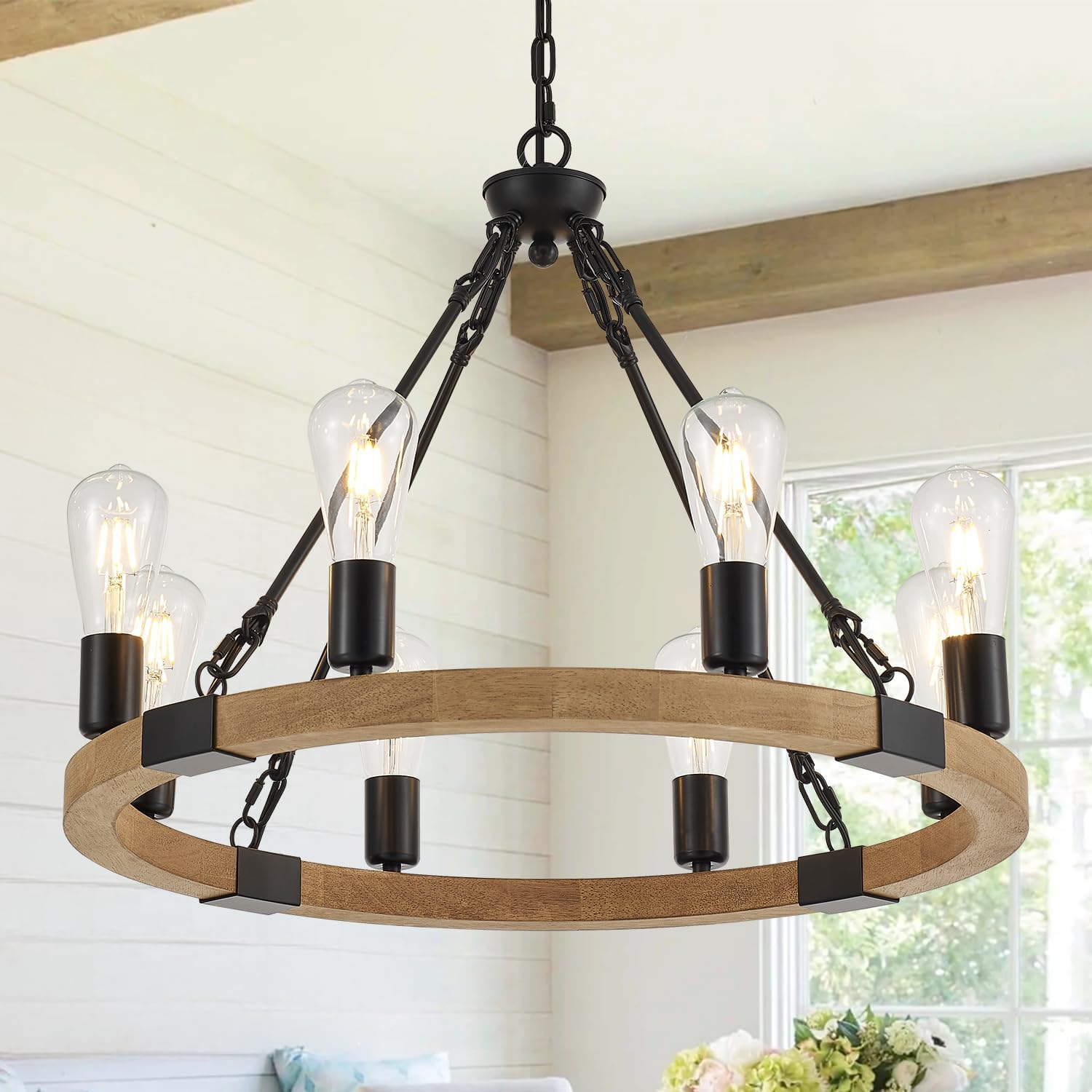 8 Lights Wooden Wagon Wheel Chandelier 23.6'' Natural Farmhouse