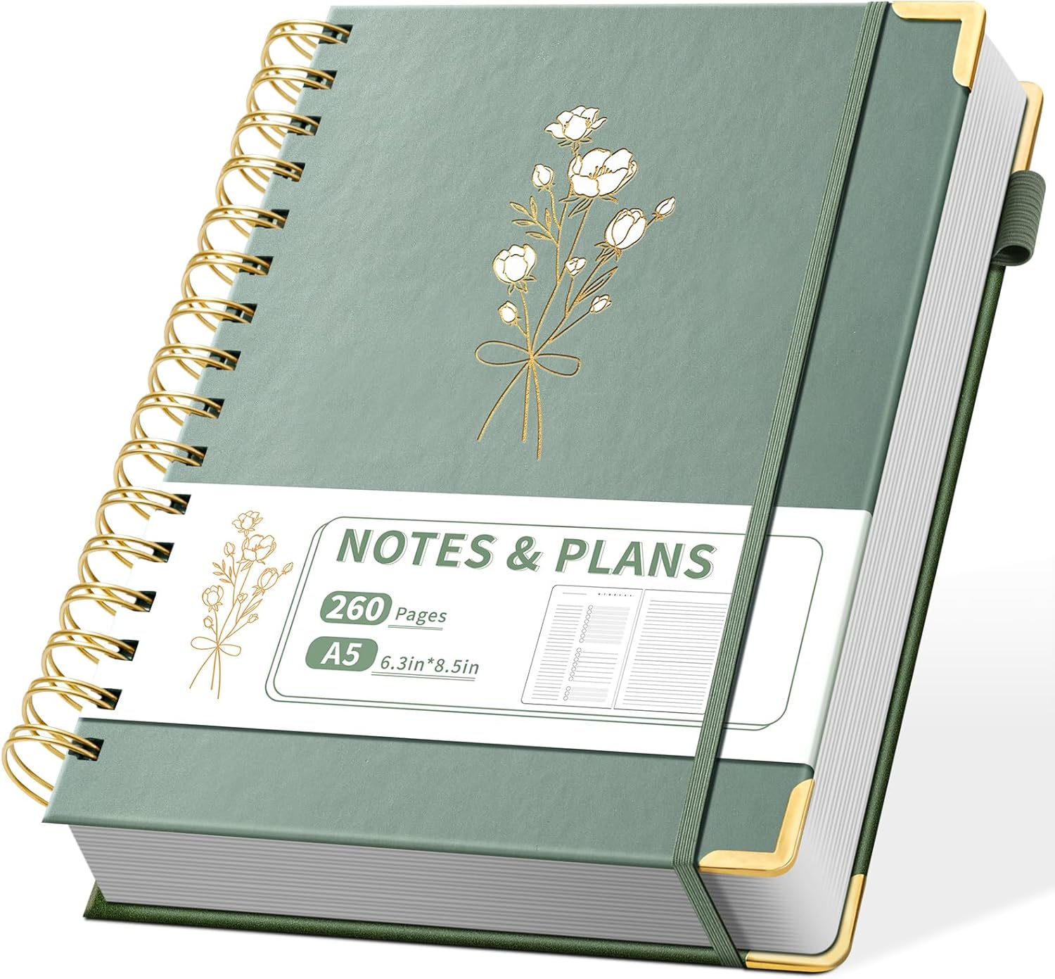 Ovesmusl Undated Daily Planner - 126 Days Hourly Schedule & To Do List - A5 Hardcover Spiral Notebook planner with stickers, Metal Corner Protectors & Back Pocket for Work & School, Bouquet