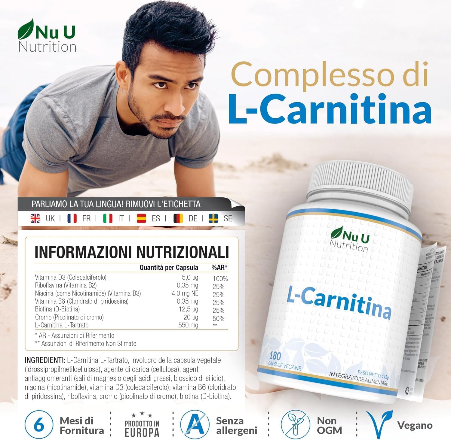 L-Carnitina Tartrato Forte - 180 Capsule Vegane - 550mg di Carnitina per Capsula - Con Vitamine & Minerali - Integratore Pre e Post Workout per Sportivi - Prodotto in Europa - Nu U Nutrition