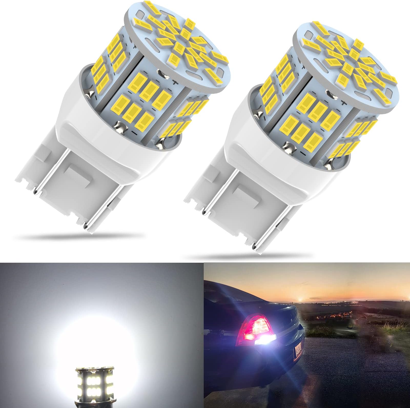 7443 Led Car Bulb, 12V-24V 7443 7440 T20 LED Replacement Light Bulb for Car Brake Tail Running Parking Backup Light, 54SMD White light, 2PCS