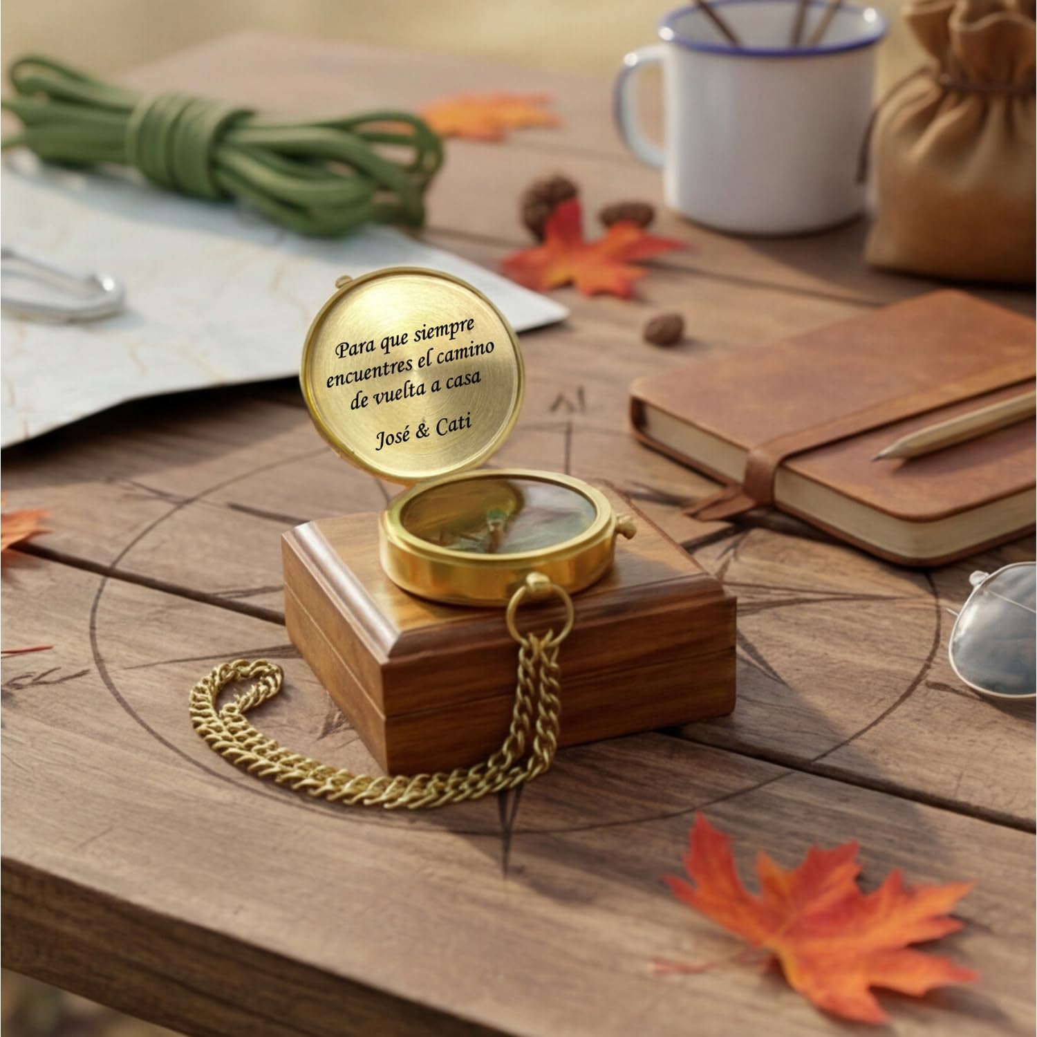 Brújula con tu Texto Personalizado, Funda de Piel o Caja Regalo de Madera Disponible, Vintage
