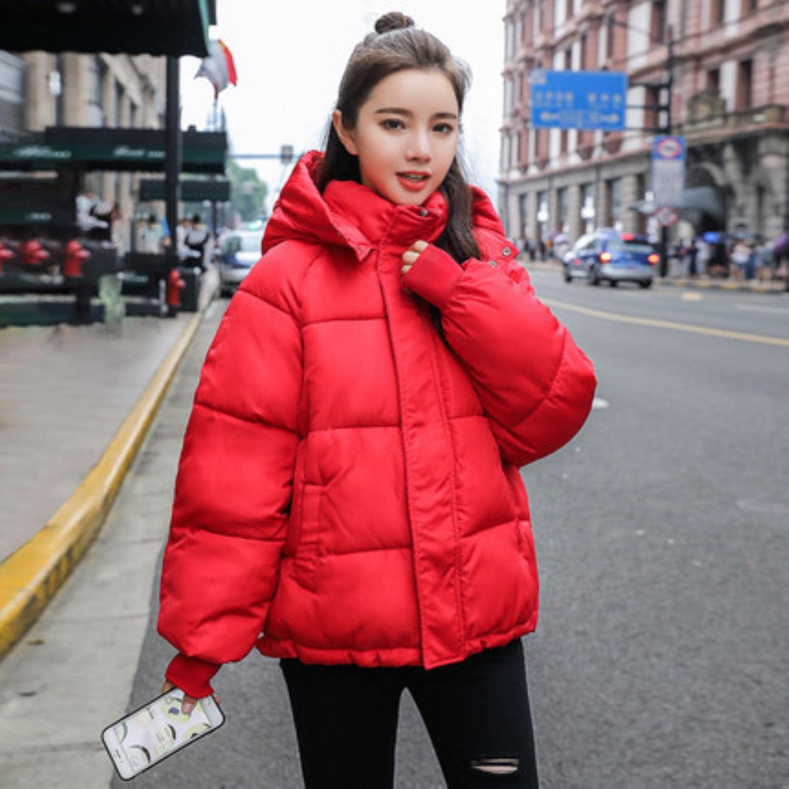 ZXCL Fashion Winter Hooded Puffer Jacket Women Solid Casual Warm