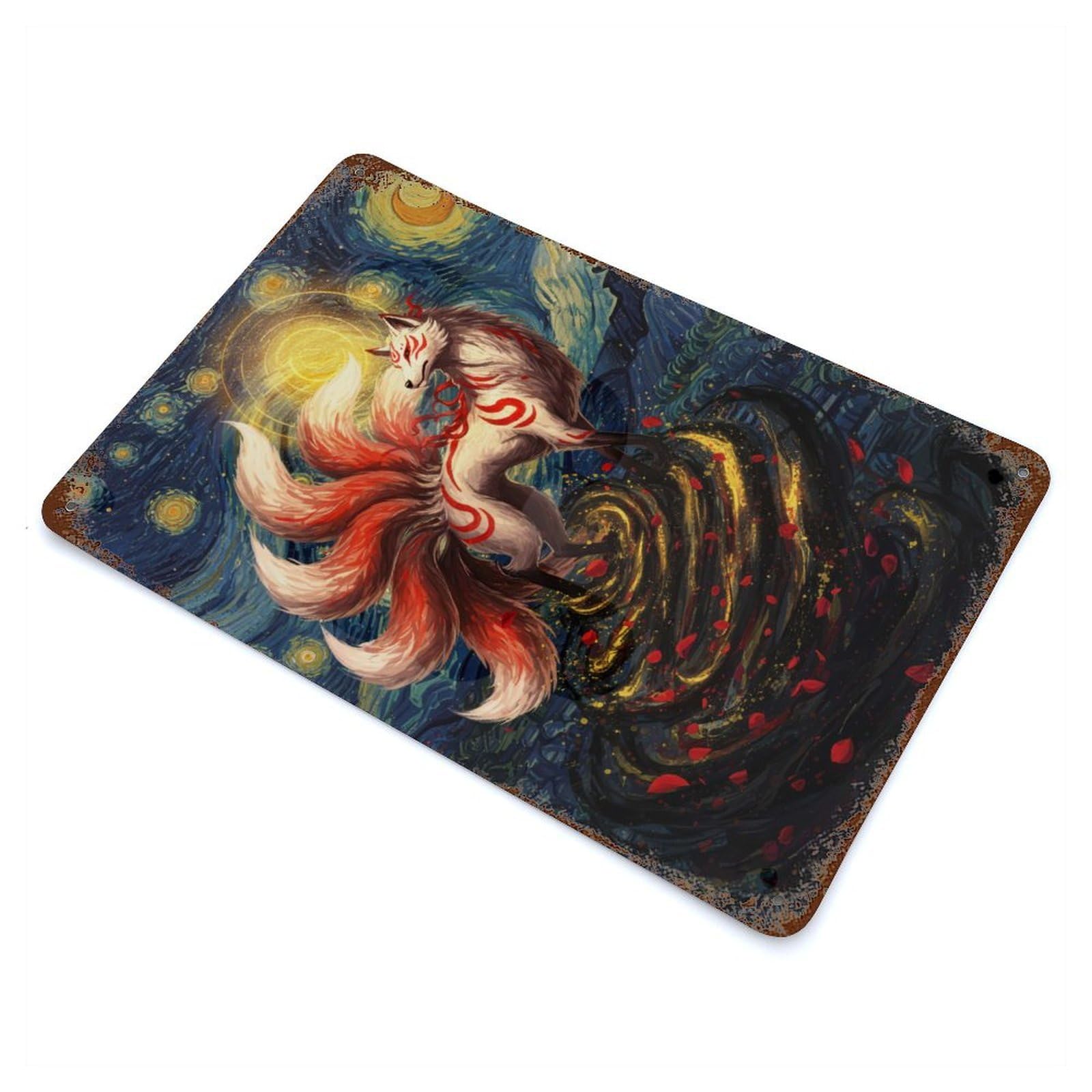 Nine-tailed Fox in Starry Night Style Retro Metal Sign 11.8"x7.9", Classic Wall Plaque for Garage, Pub Or Kitchen