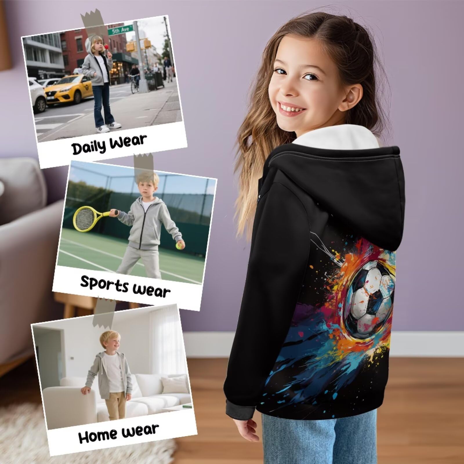 Bluza z kapturem dla dzieci z nadrukiem piłki nożnej z pełnym zamkiem błyskawicznym przytulna bluza z kieszeniami polarowa bluza z kapturem odzież uliczna do szkoły domu, XL
