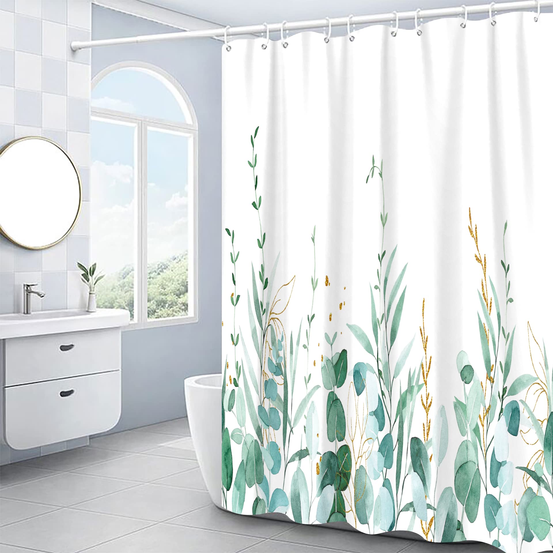 Set Tenda Doccia Verde Salvia Con Eucalipto: 137x183 Cm, Impermeabile, Ganci Inclusi, Stile Botanico - 3
