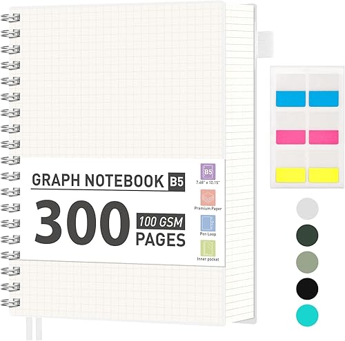 Miniatura 26 de AHGXG Cuaderno de papel cuadriculado, cuaderno en espiral de 300 páginas, cuaderno de papel de cuadrícula A5, papel grueso de 3.53 oz/m², diarios