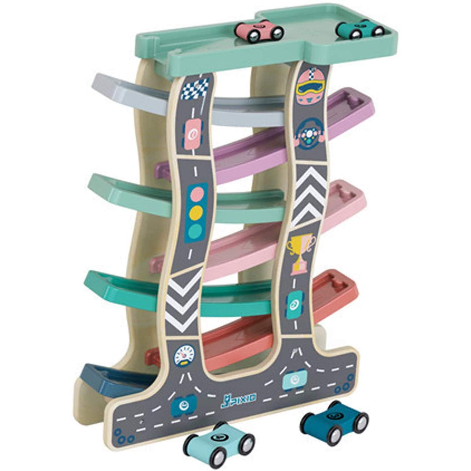 Friction Car Toddler Toys Wooden Ramp Racer for Girls Boys Wood Race Track with 8 Mini Cars Racing Gliding Car Children's Educational Toys