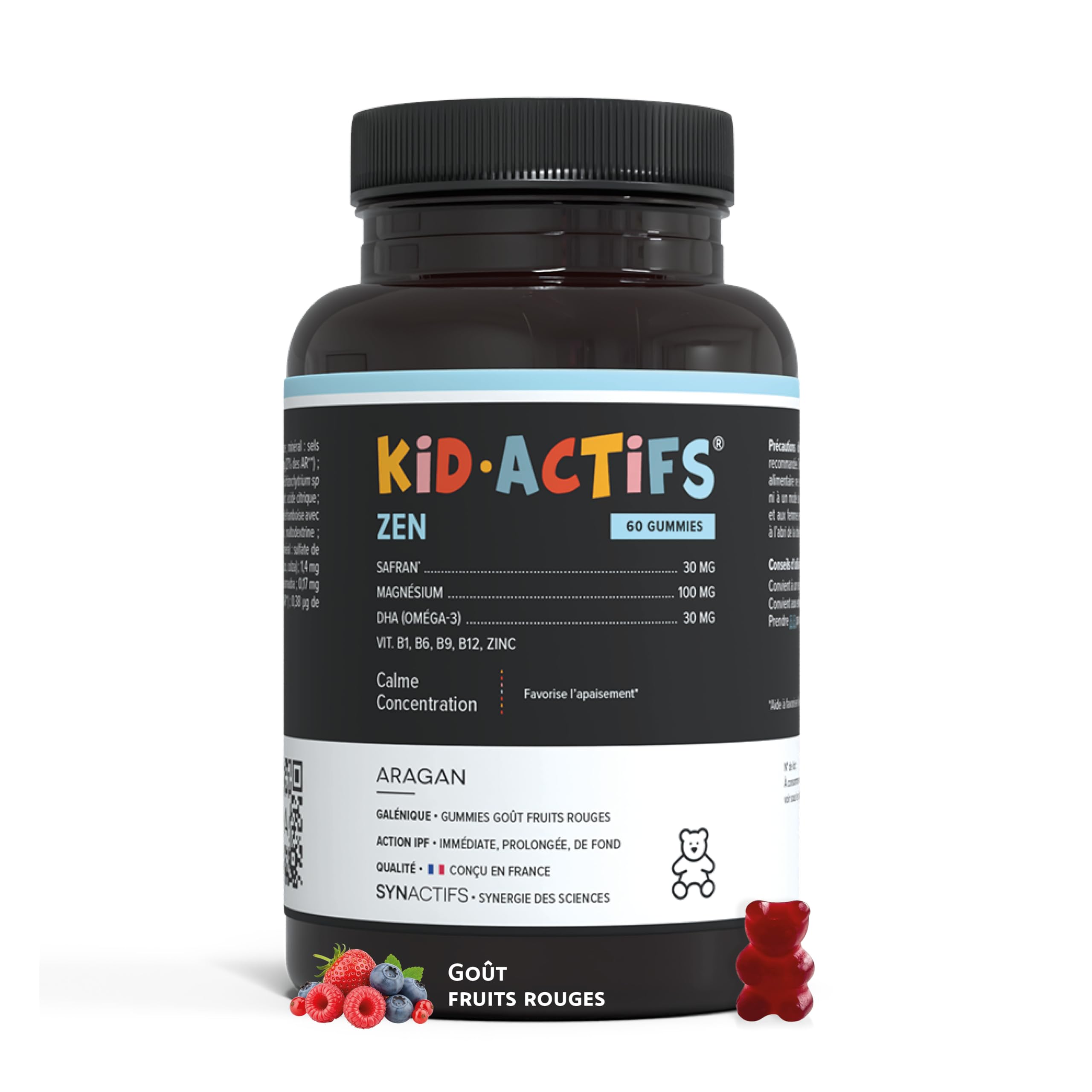 Kidactifs Zen Gummies Anti Stress Enfant Goût Fruits Rouges - Omega 3, Magnesium, Safran, Vitamines, Zinc - +3 Ans - Aragan - 30 Jours