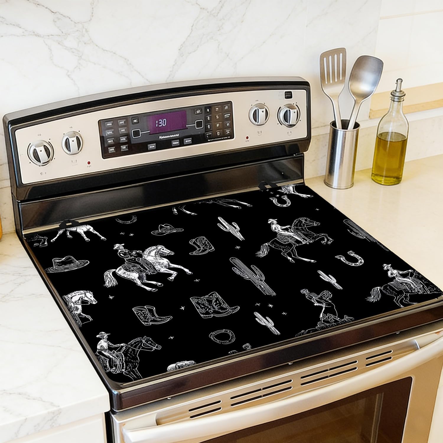 Western Cowboy Cactus Electric Stove Top Cover Protector,Glass Top Gas Stove Pad Heat Resistant Range Cooktop Mat for Kitchen 28"x20"