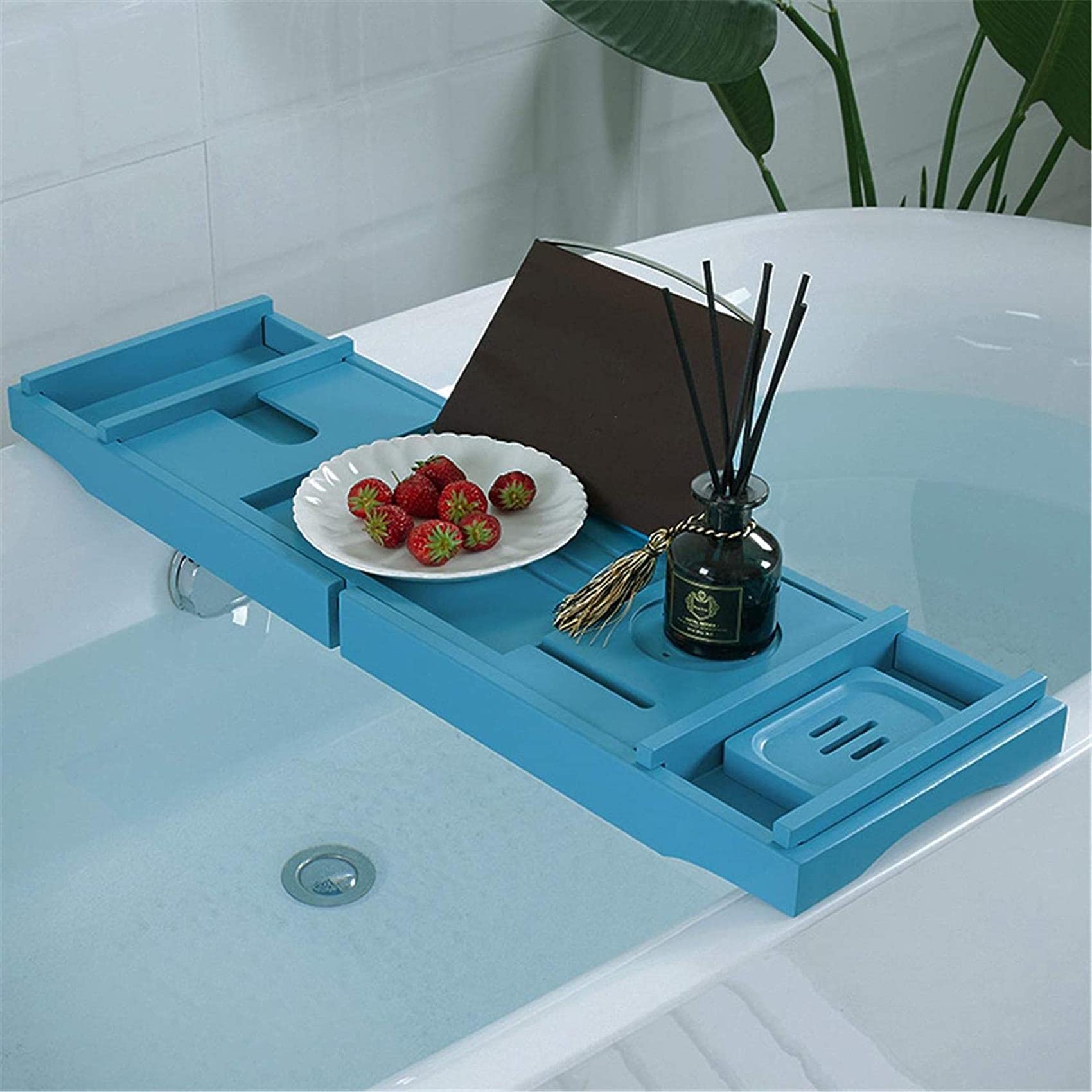 Bandeja para bañera Bandeja para bañera de bambú Bandeja para bañera de Hotel Bandeja para bañera retráctil Bañera Ajustable Antideslizante (Color : Blue, Size : 75x23cm) (Blue 75x23cm)